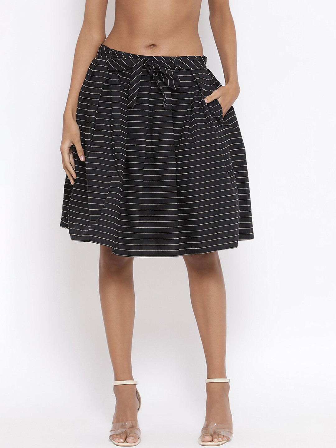 ROOTED Women Black & White Striped Flared Linen Knee-Length Skirt