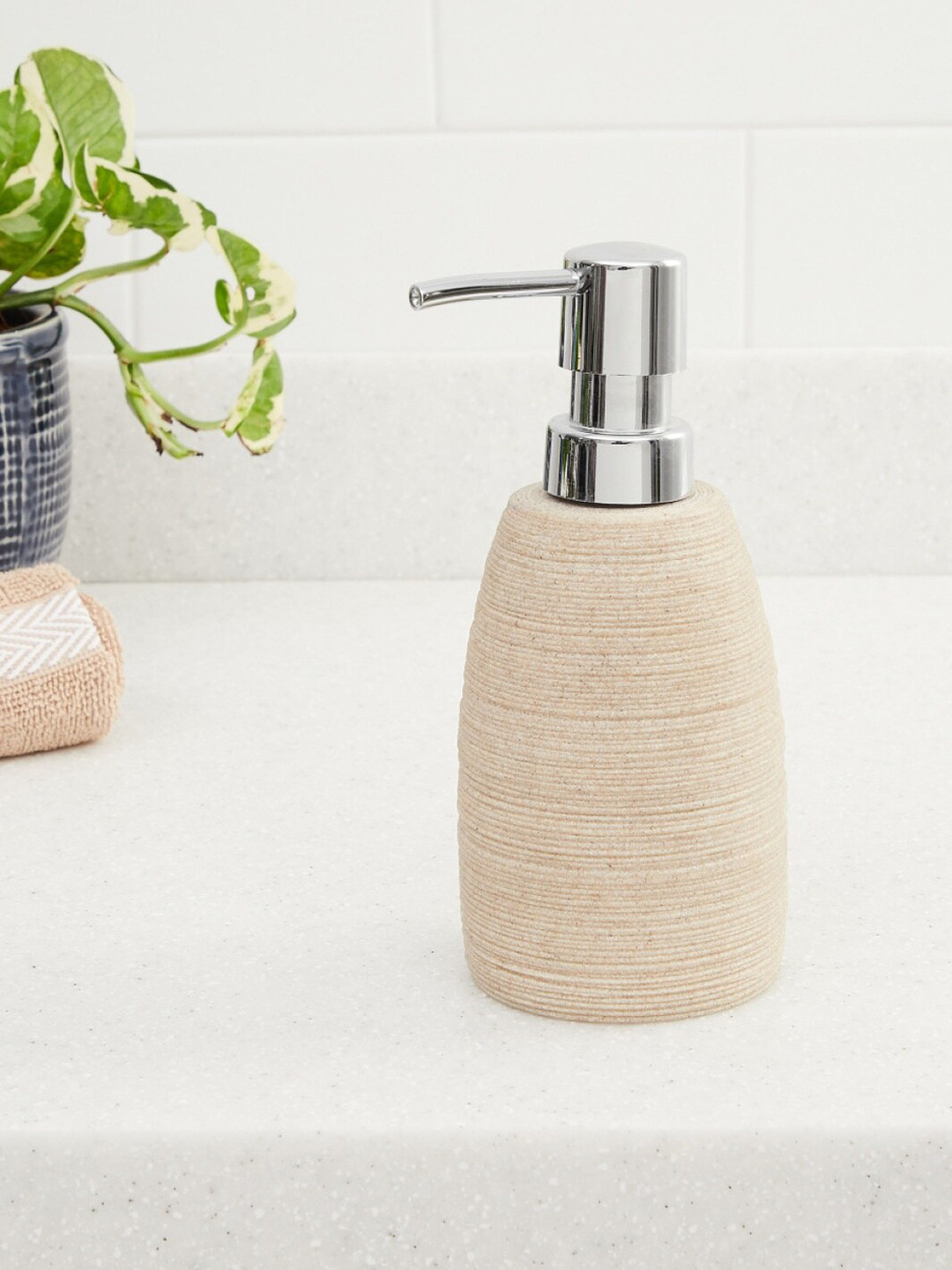 Home Centre Beige & Silver-Toned Marshmallow Textured Soap Dispenser