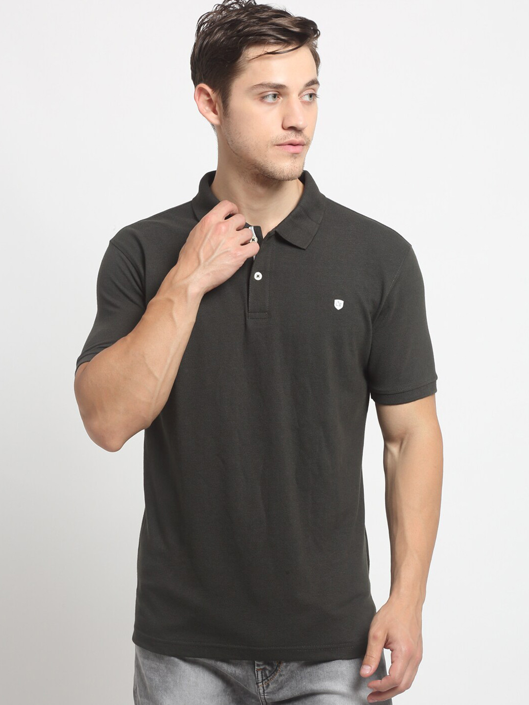 Cantabil Men Olive Green Polo Collar Slim Fit T-shirt