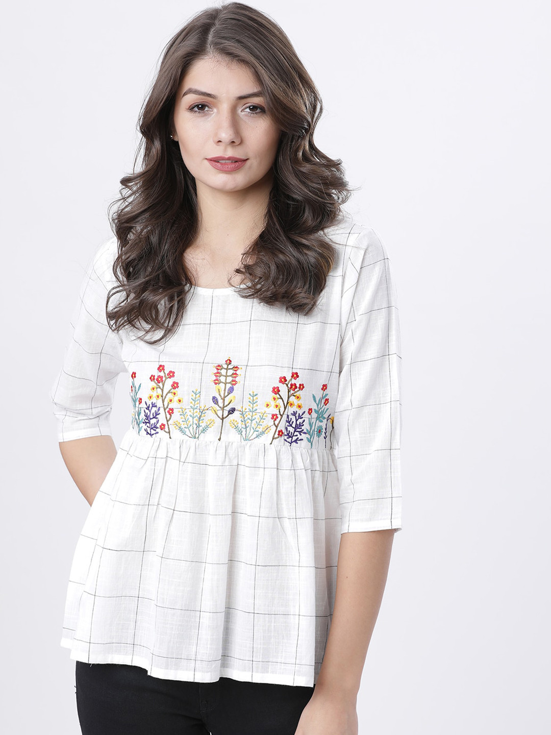 Vishudh Off White & Orange Floral Checked A-Line Top