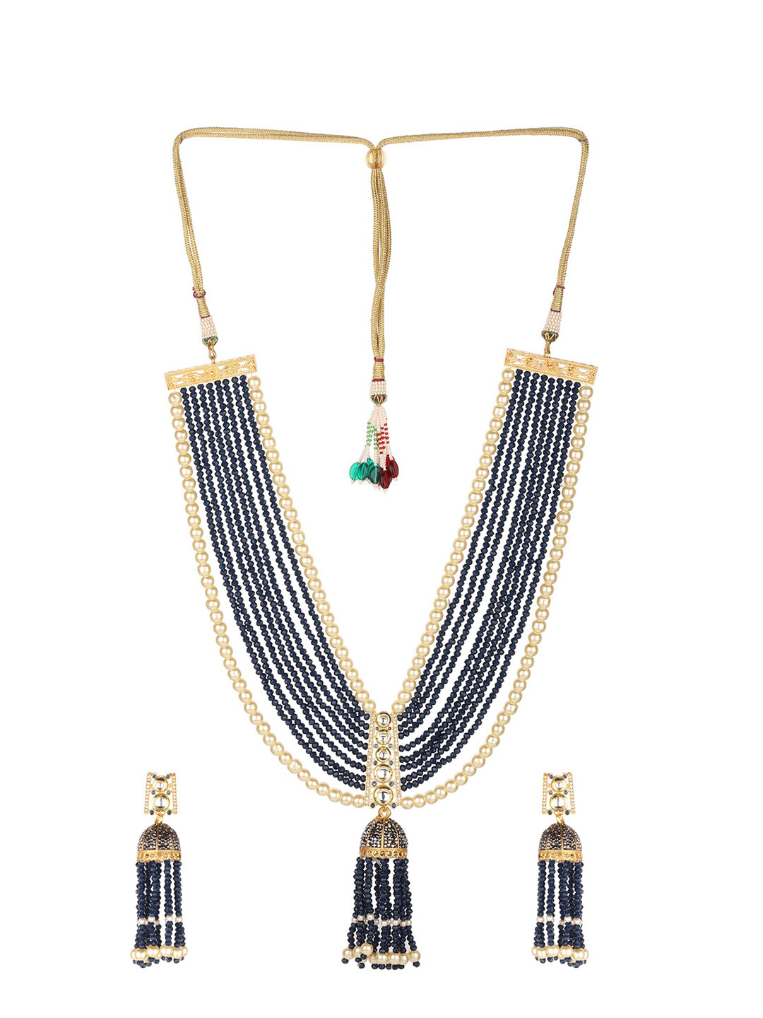 Runjhun Gold-Plated Blue & Off-White Beaded Handmade Jewellery Set