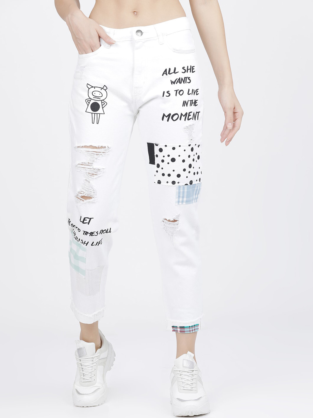 Tokyo Talkies Women White Boyfriend Fit Highly Distressed Printed Jeans