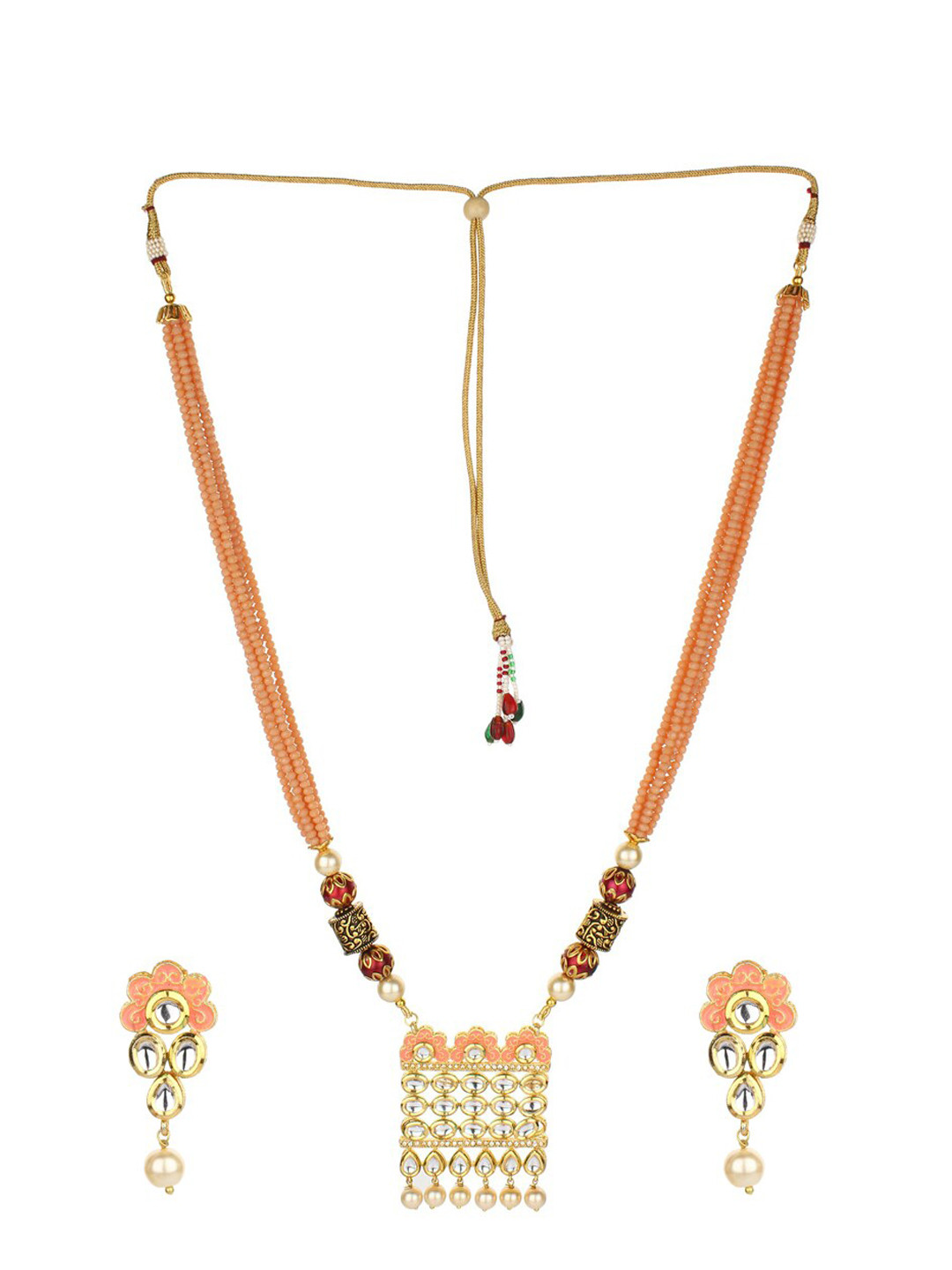 Runjhun Gold-Plated Peach-Coloured & White Kundan-Studded Beaded Hand Painted Jewellery Set