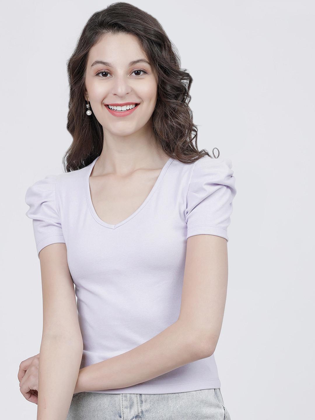 Tokyo Talkies Lavender Puff Sleeve Fitted Top