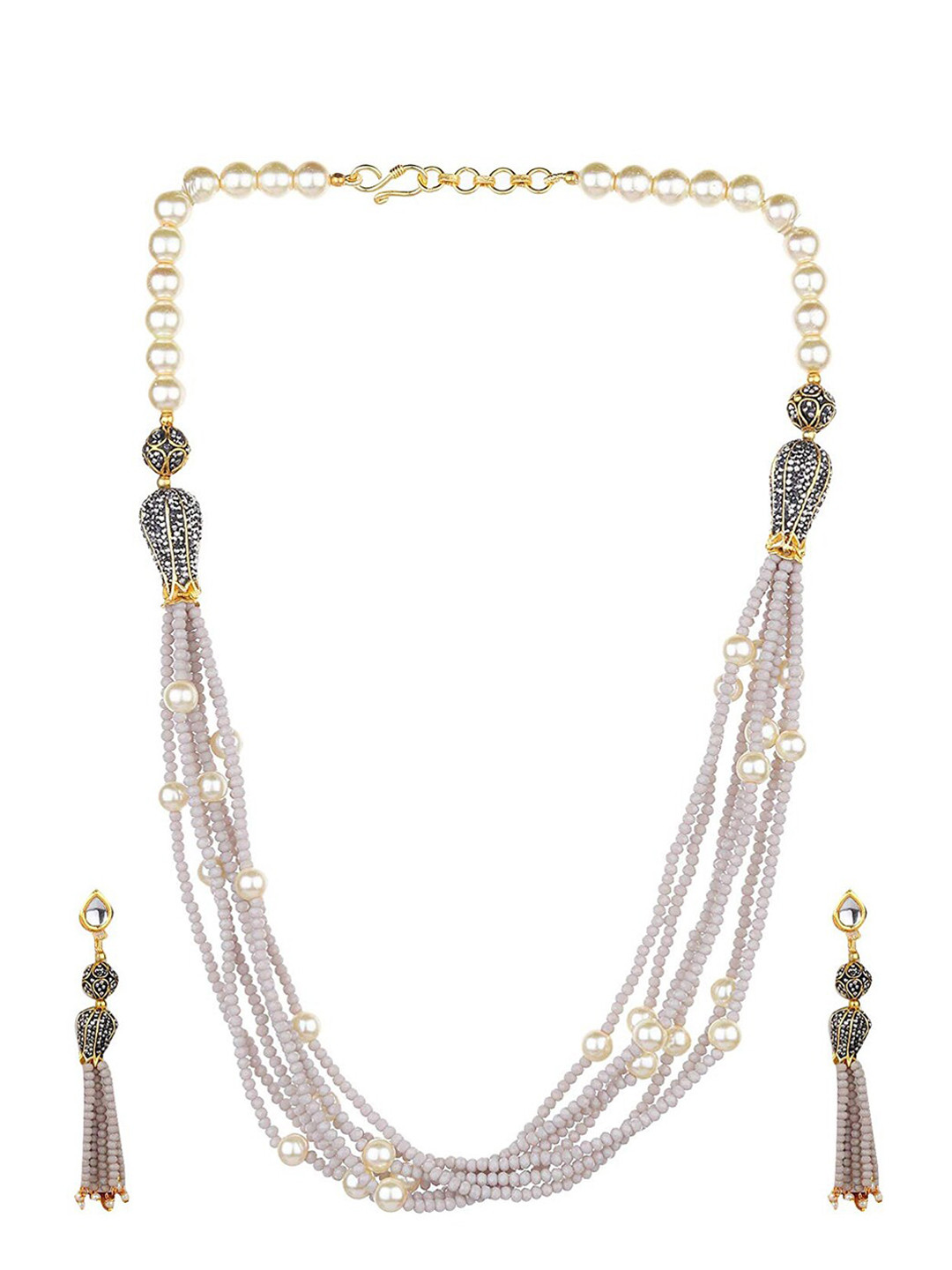 Runjhun Gold-Plated Off-White Beads-Studded Multi-Layered Handcrafted Jewellery Set