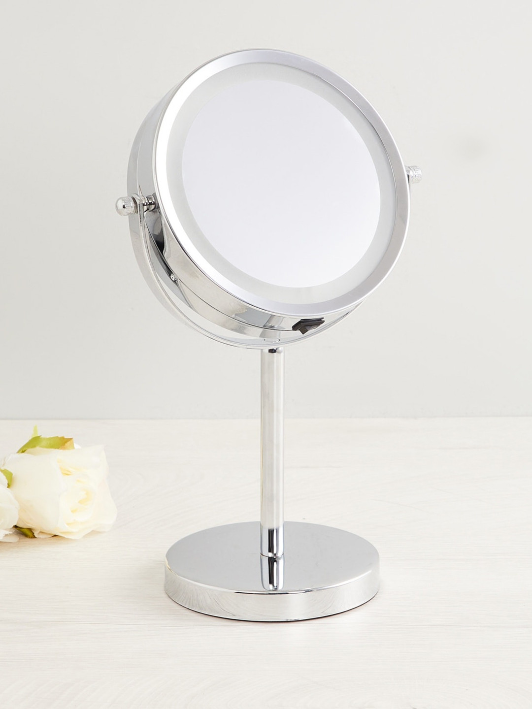 Home Centre Silver-Toned Solid Double Vanity Mirror With LED Light