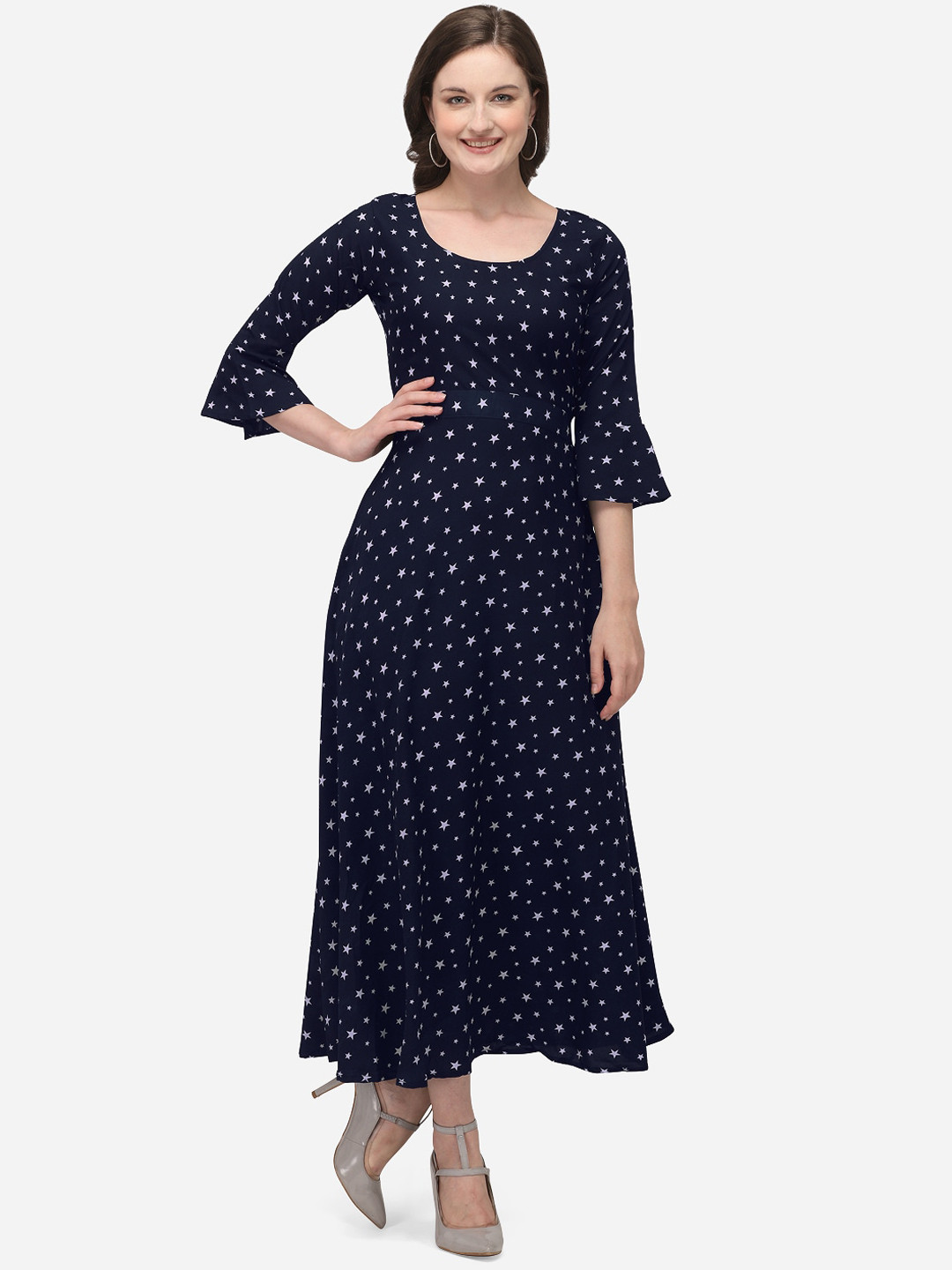 Florence Women Navy Blue Printed Fit and Flare Dress