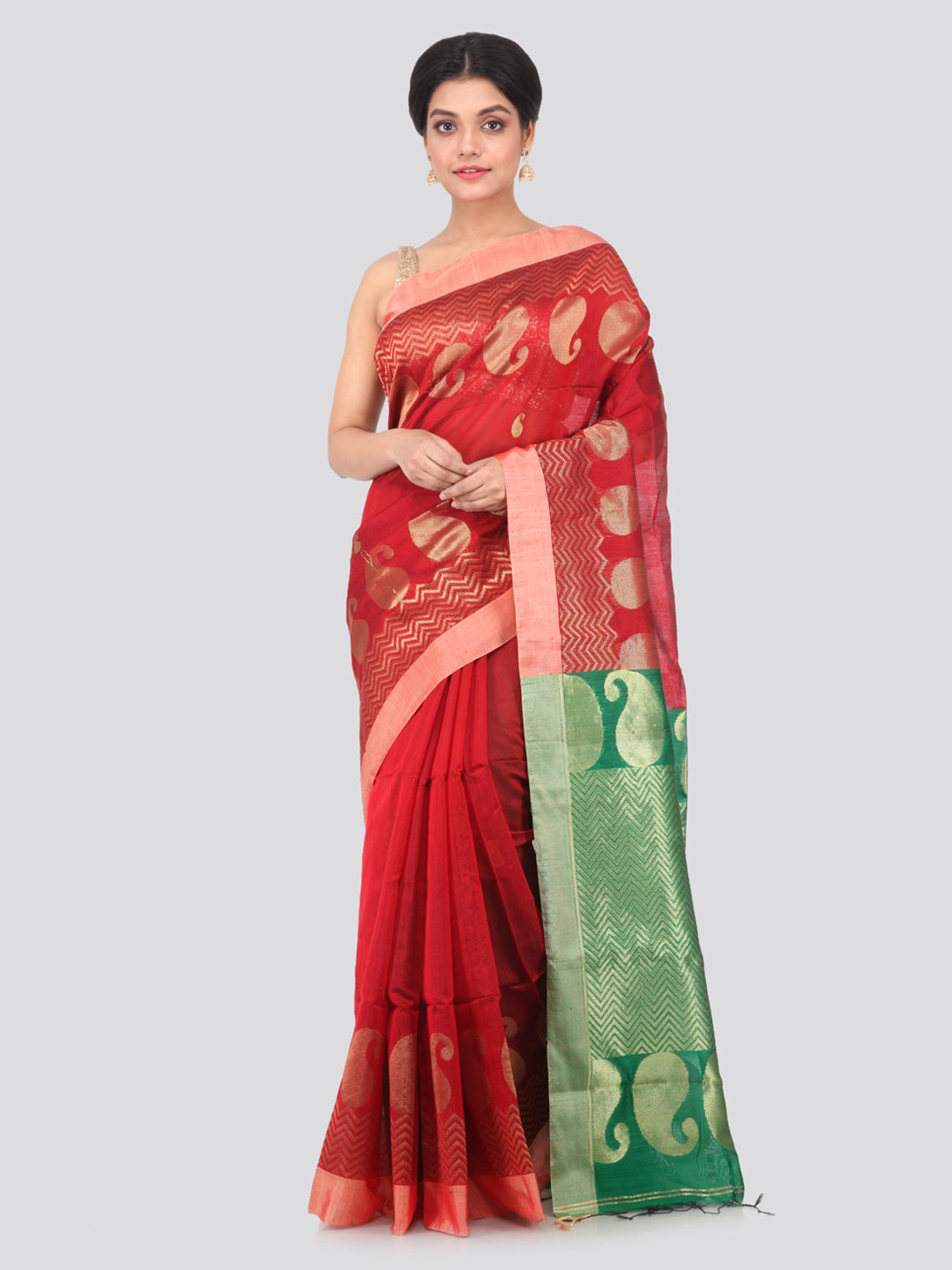 PinkLoom Maroon Cotton Blend Woven Design Handloom Sustainable Saree