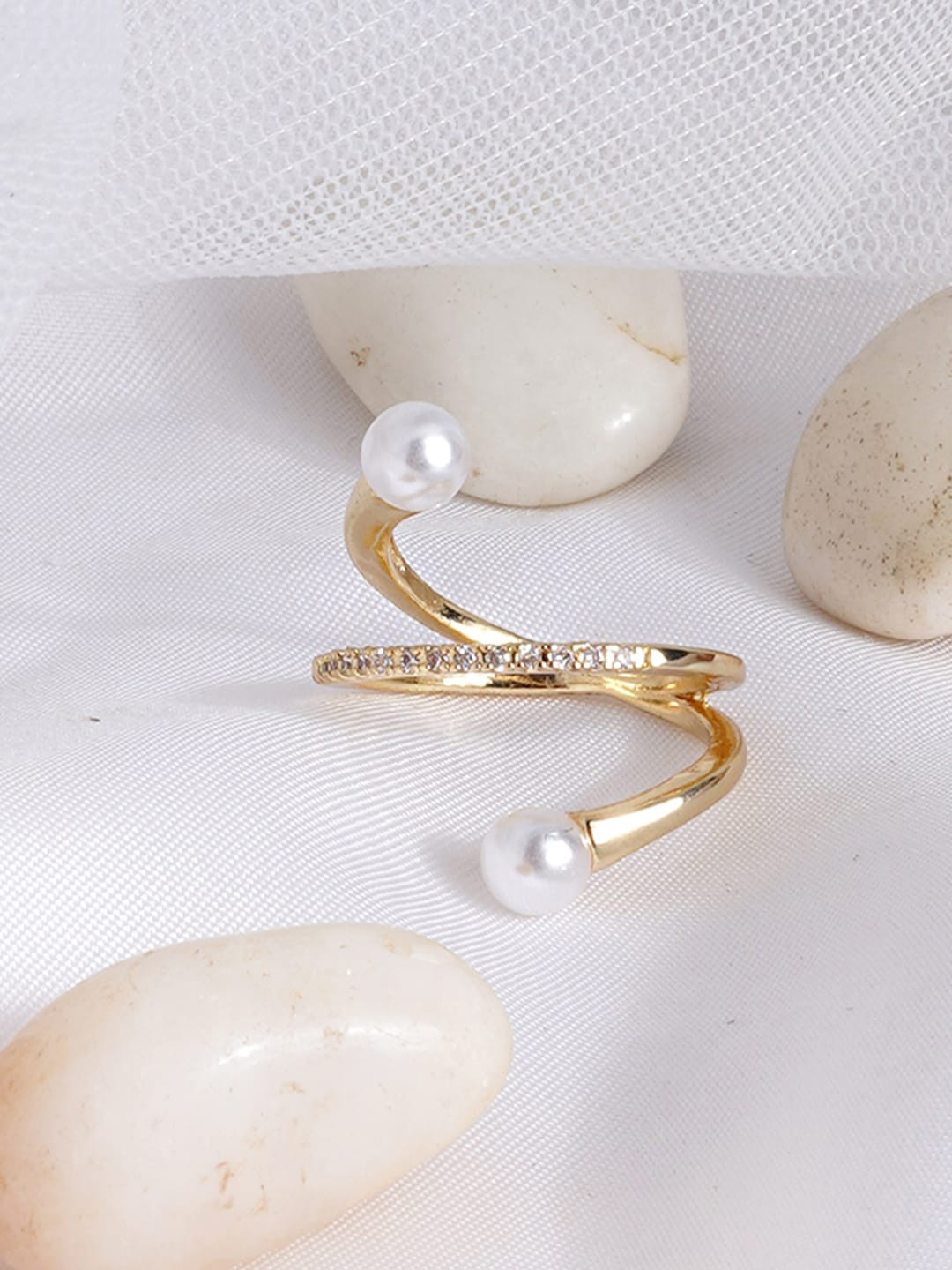 JOKER & WITCH Gold-Plated White Magra Dainty Rhinestones & Beaded Finger Ring