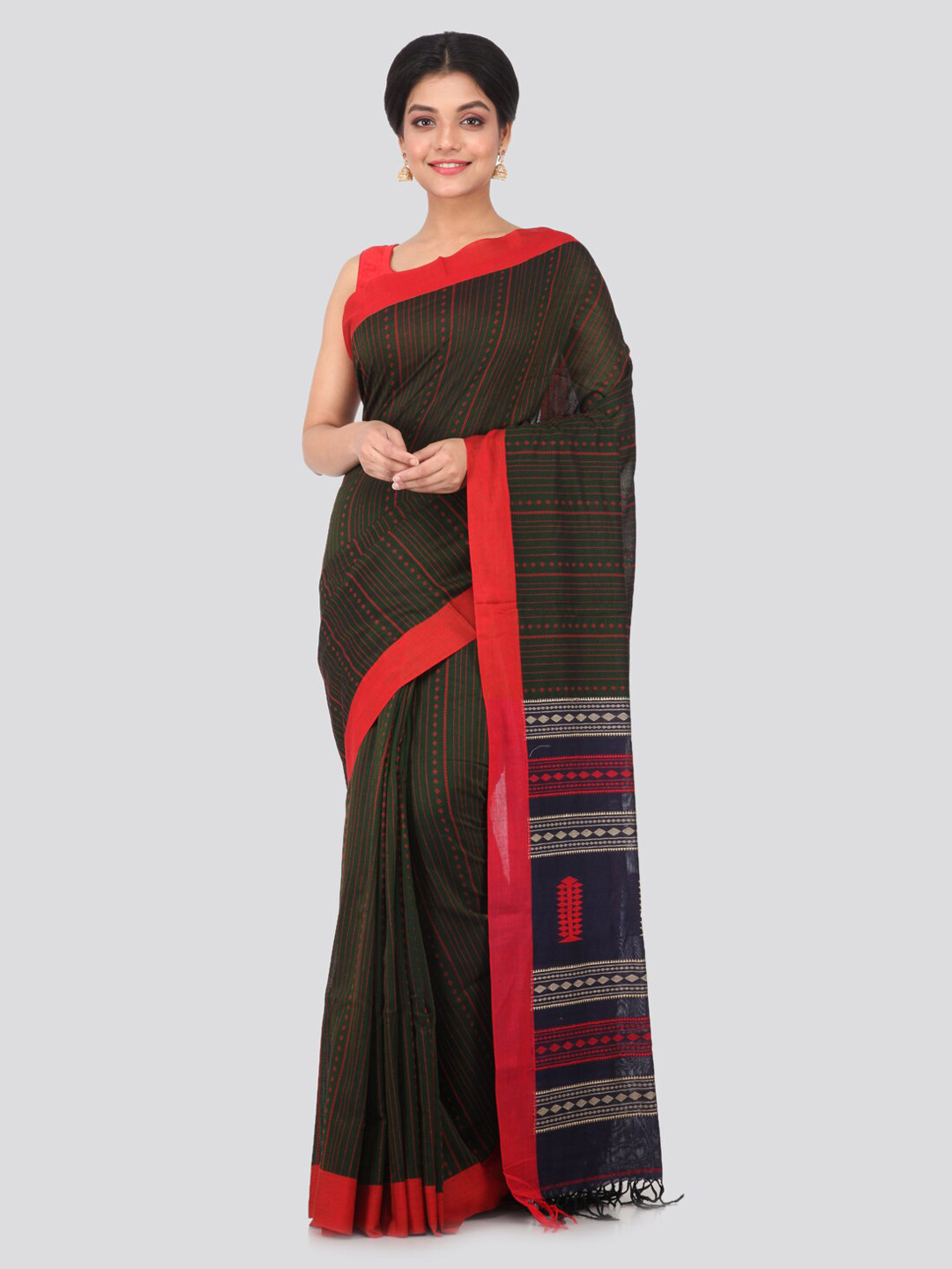 PinkLoom Green Striped Pure Cotton Handloom Saree