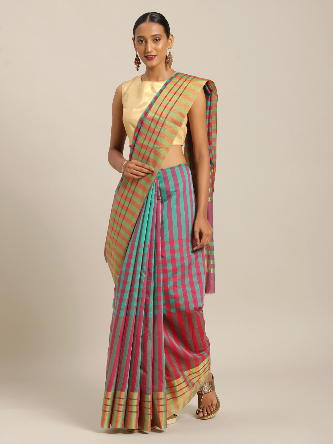 Florence Sea Green & Red Art Silk Checked Saree