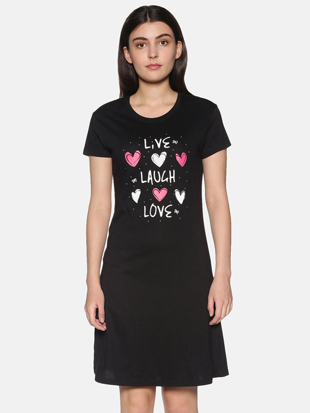 TWIN BIRDS Black & White Printed Nightdress