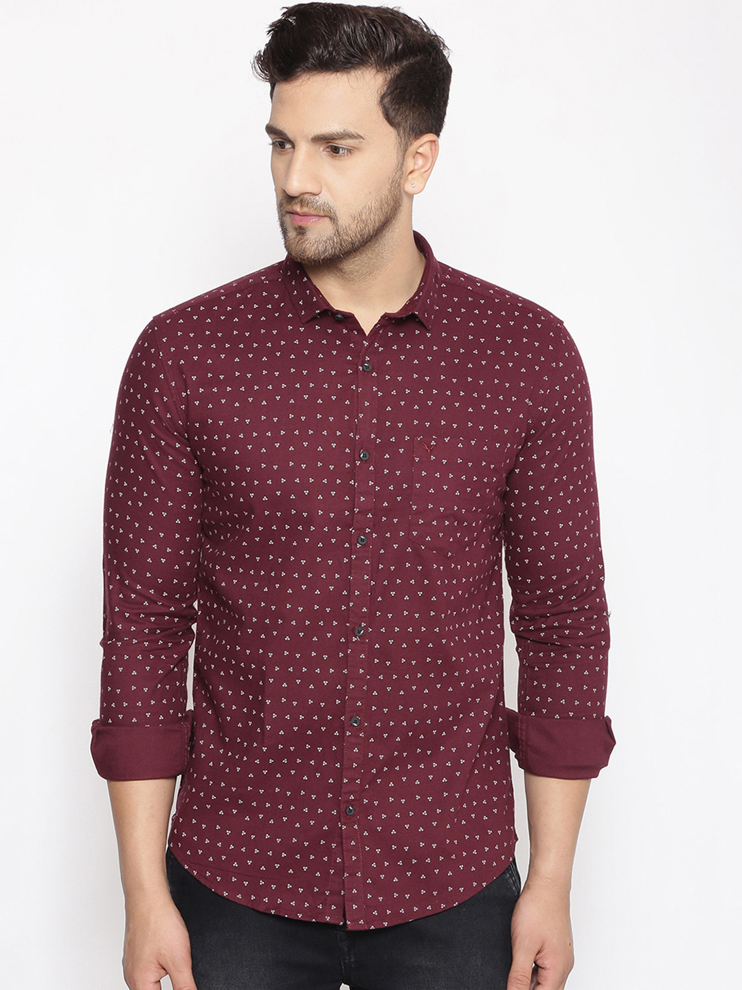 SHOWOFF Men Maroon & White Cotton Classic Slim Fit Printed Casual Shirt