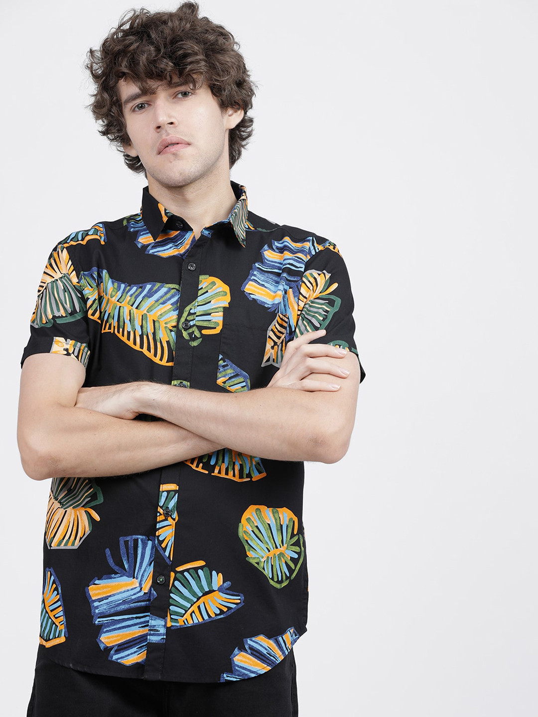 HIGHLANDER Men Black & Orange Slim Fit Printed Casual Shirt