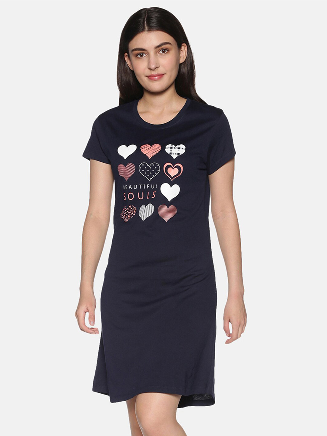 TWIN BIRDS Navy Blue & White Printed Nightdress