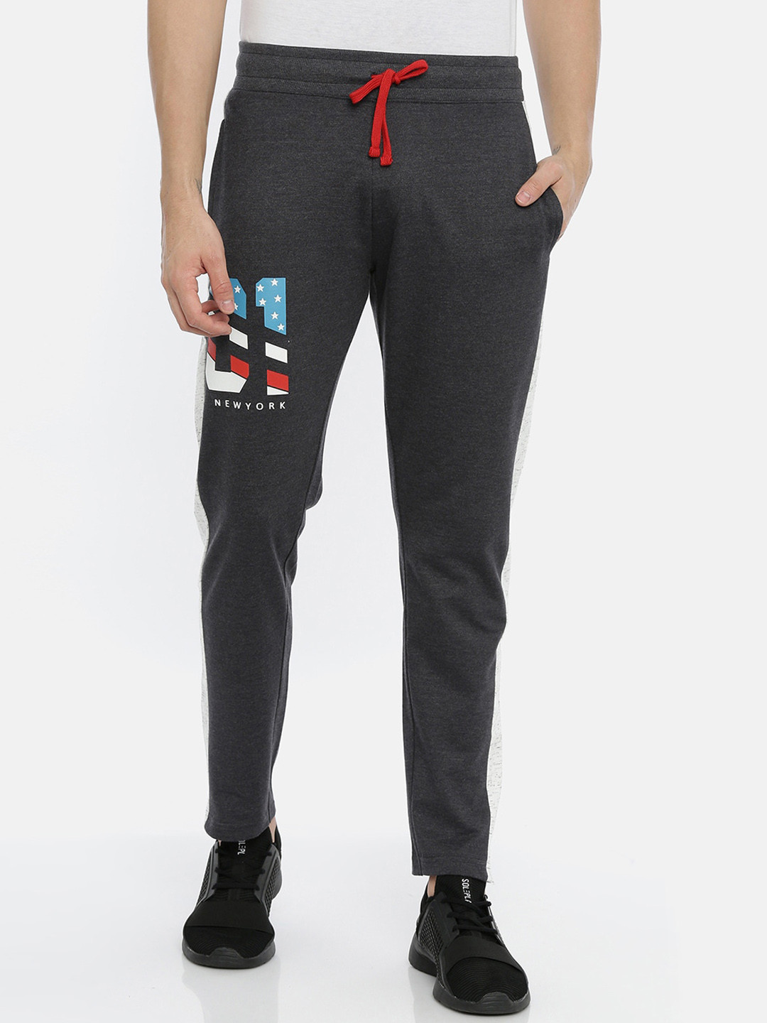 3PIN Men Charcoal Grey & White Solid Cotton Track Pants