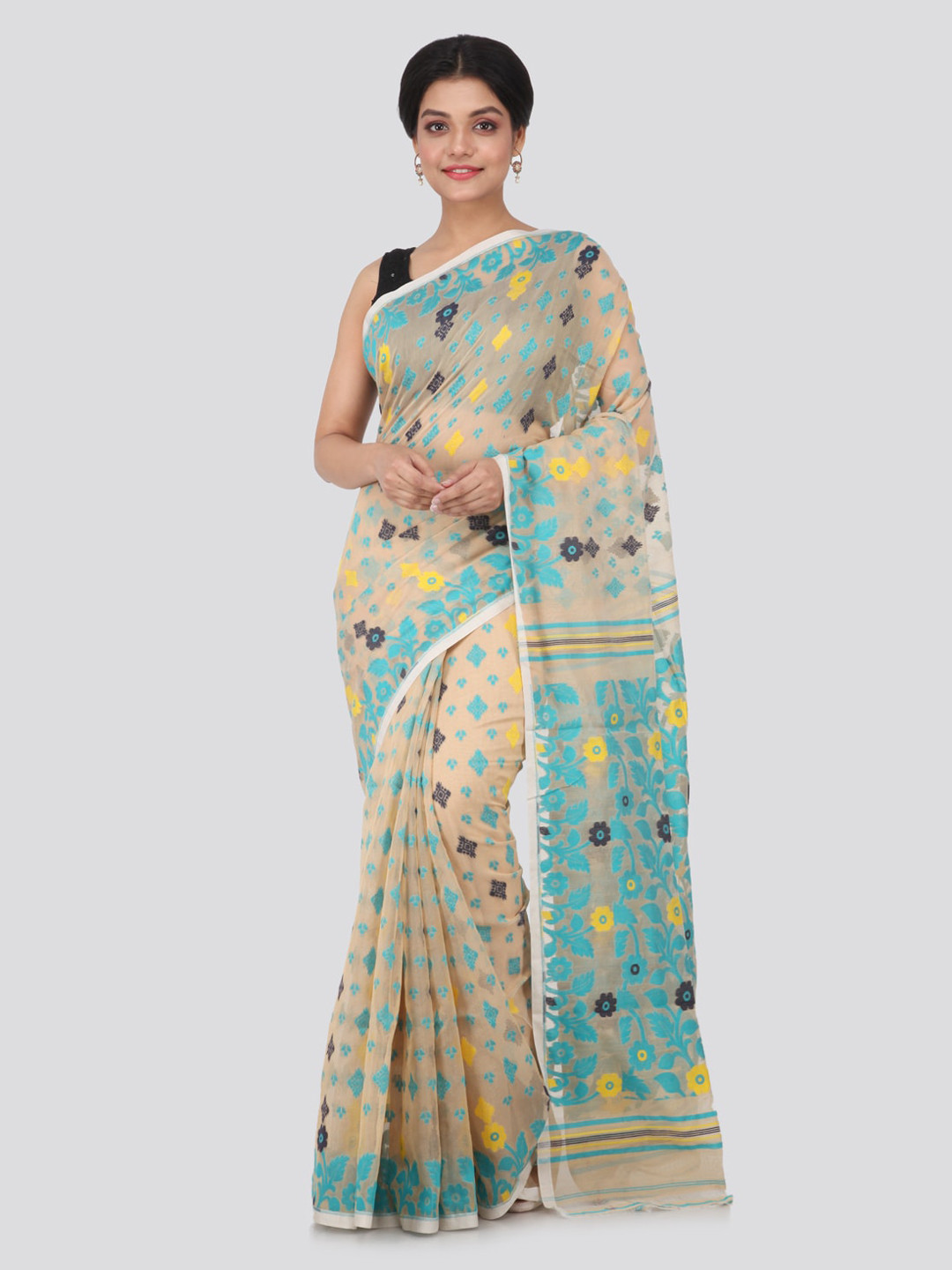 PinkLoom Beige Pure Cotton Woven Design Handloom Jamdani Saree