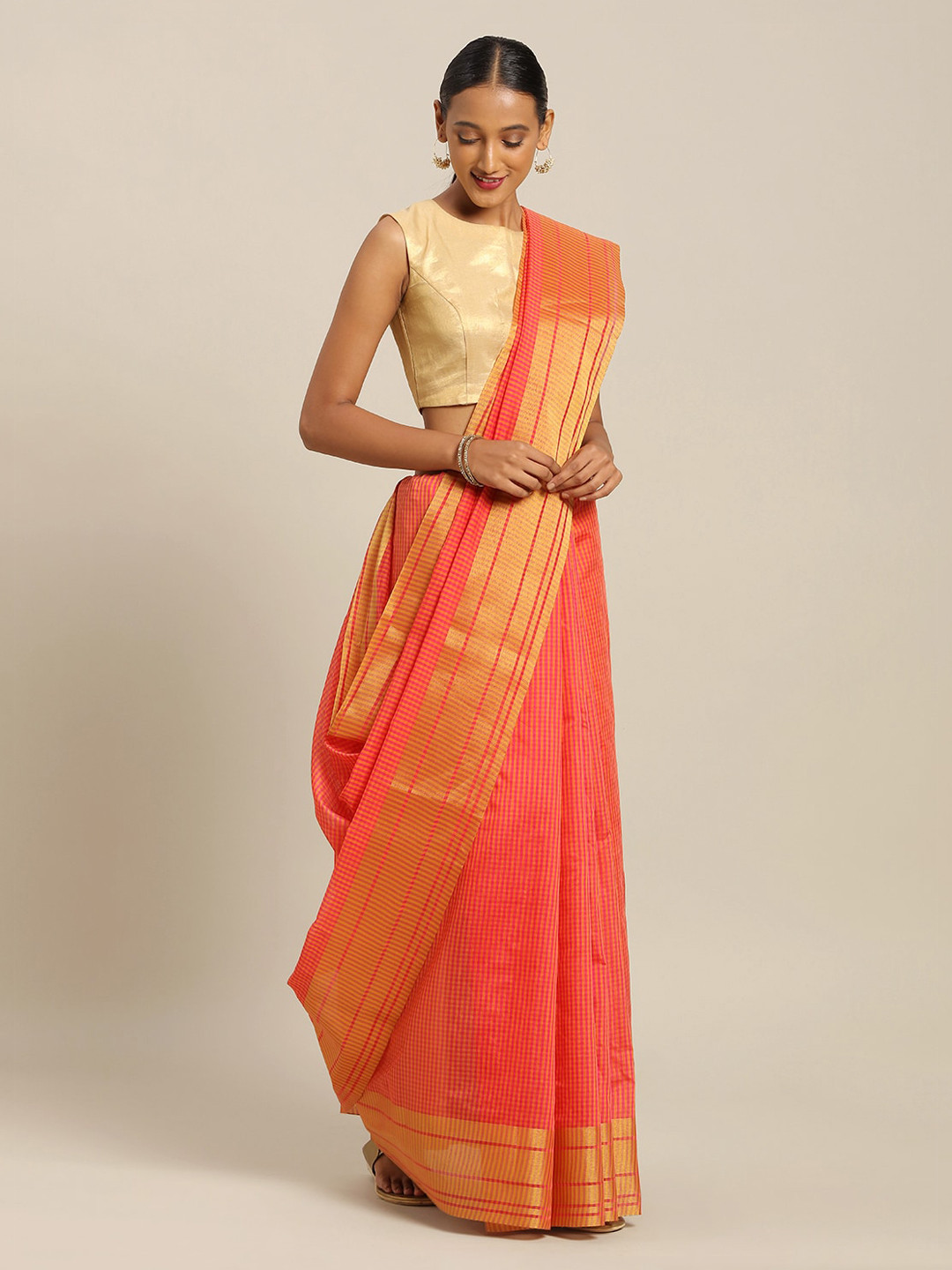 Florence Orange Checked Art Silk Saree