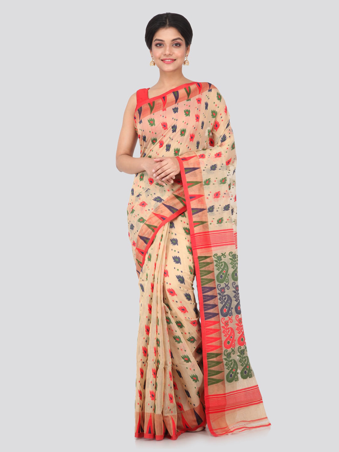 PinkLoom Beige Woven Design Pure Cotton Handloom Jamdani Saree