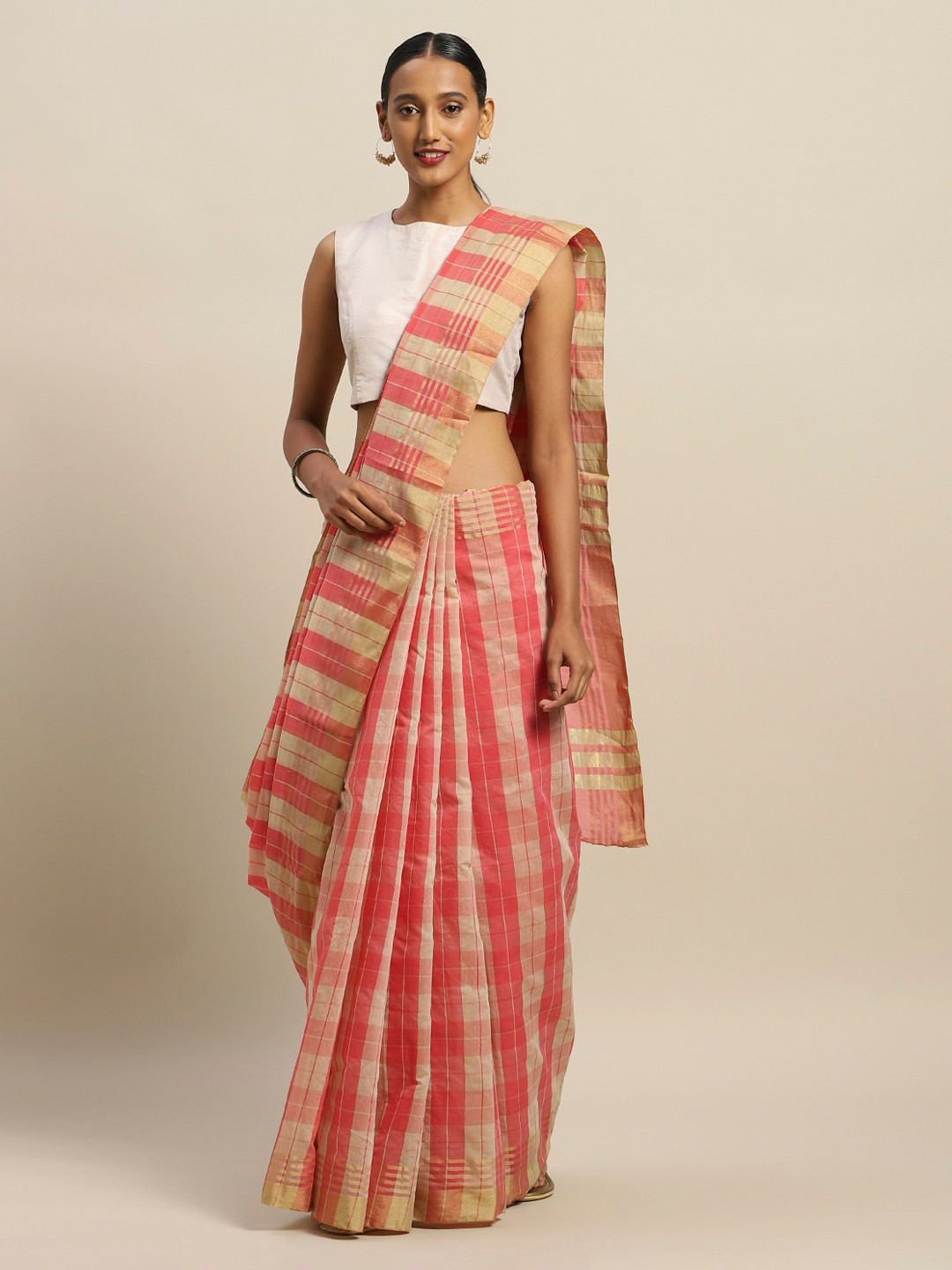 Florence Pink & Beige Art Silk Checked Saree