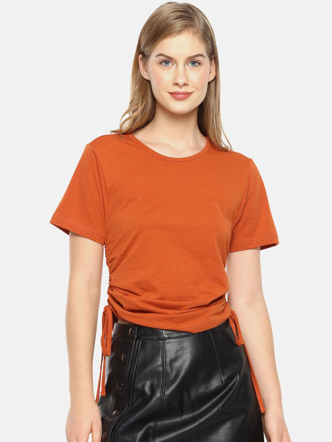 Campus Sutra Rust Orange Cotton Regular Top