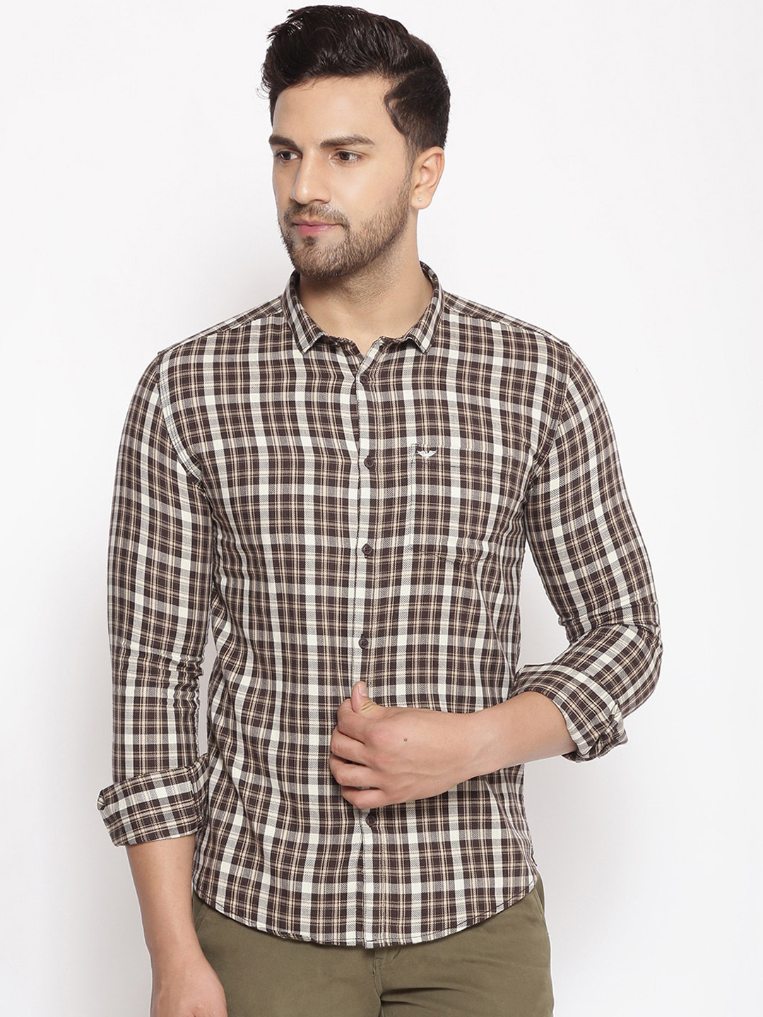 SHOWOFF Men Brown & White Cotton Classic Slim Fit Checked Casual Shirt