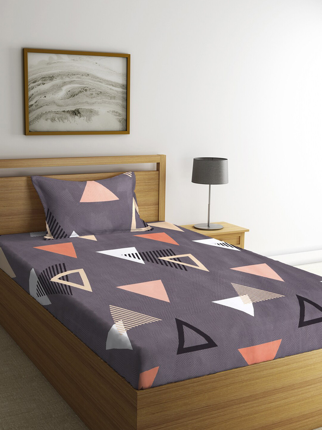 KLOTTHE Grey Geometric 300 TC Single Fine Bedsheet with a Pillow Cover-89 x 59 inches