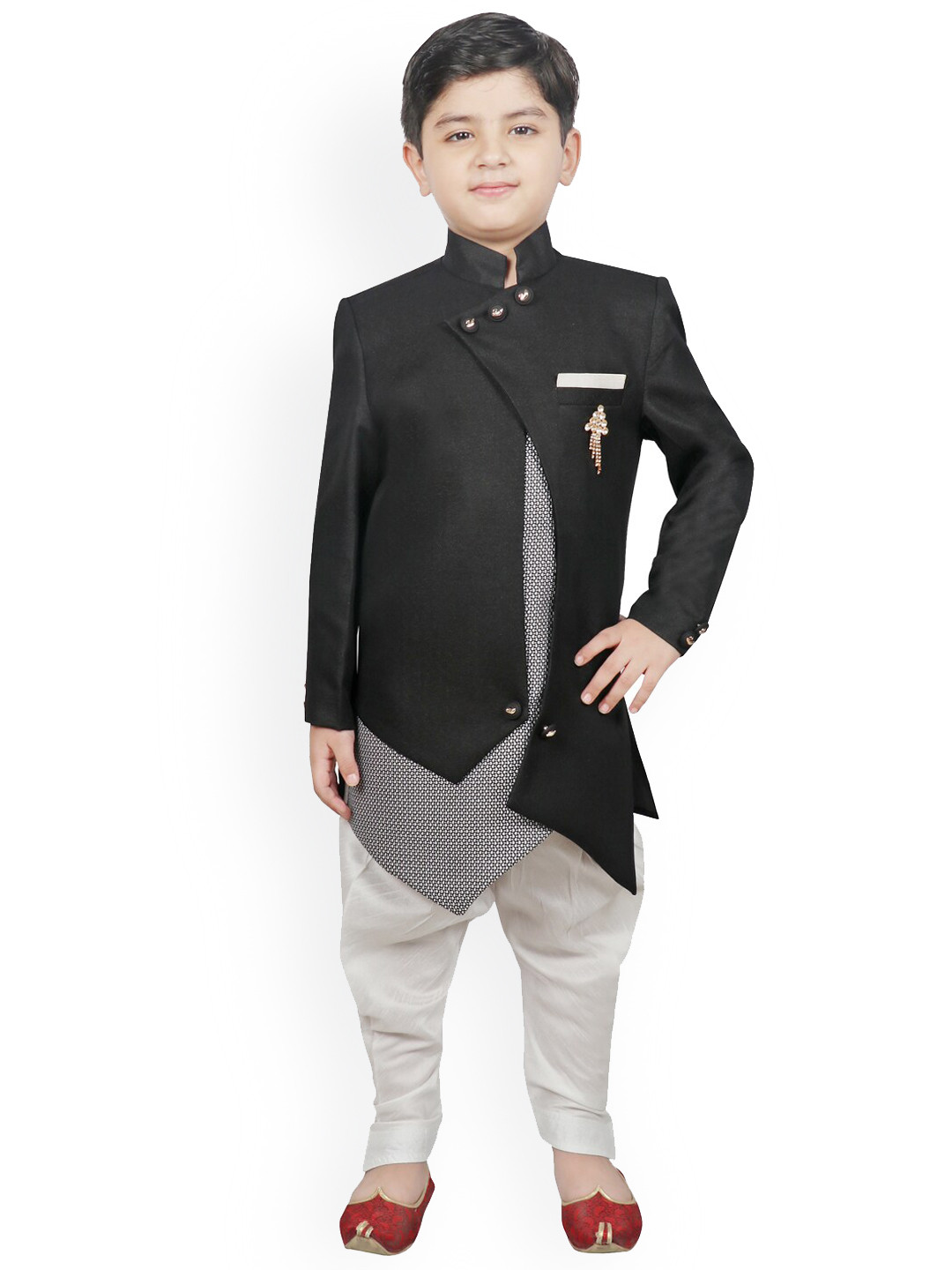 SG YUVRAJ Boys Black & Grey Solid Sherwani Set