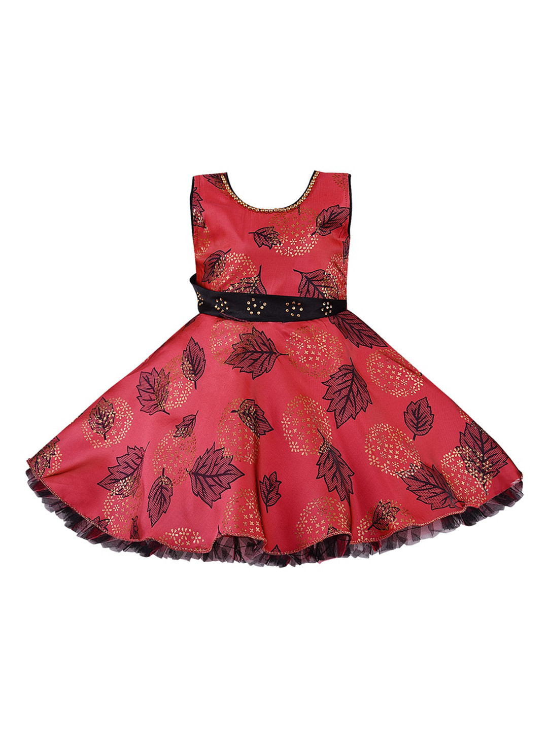 Wish Karo Girls Red & Black Printed Fit and Flare Silk Dress