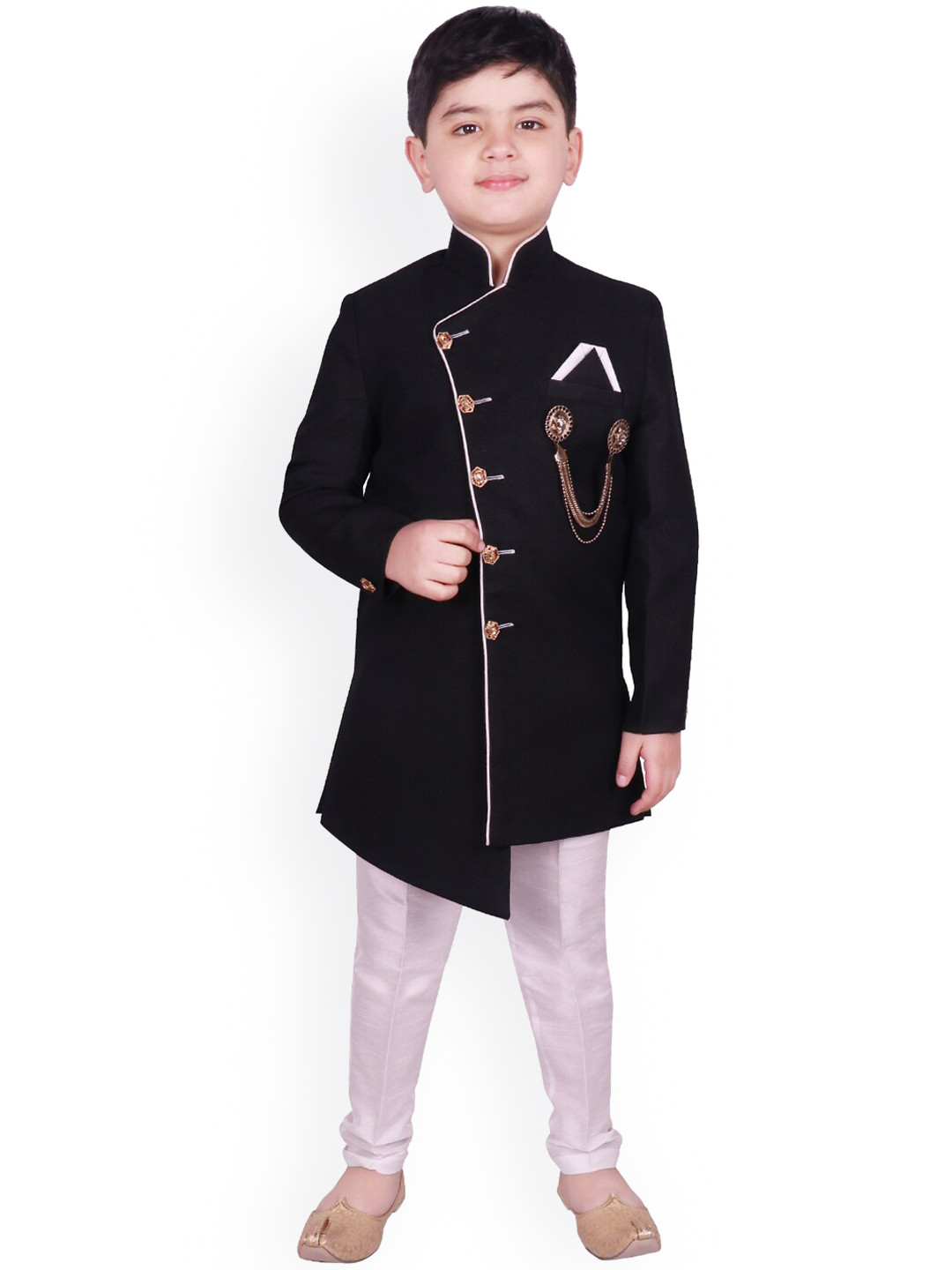 SG YUVRAJ Boys Black & White Solid Sherwani Set