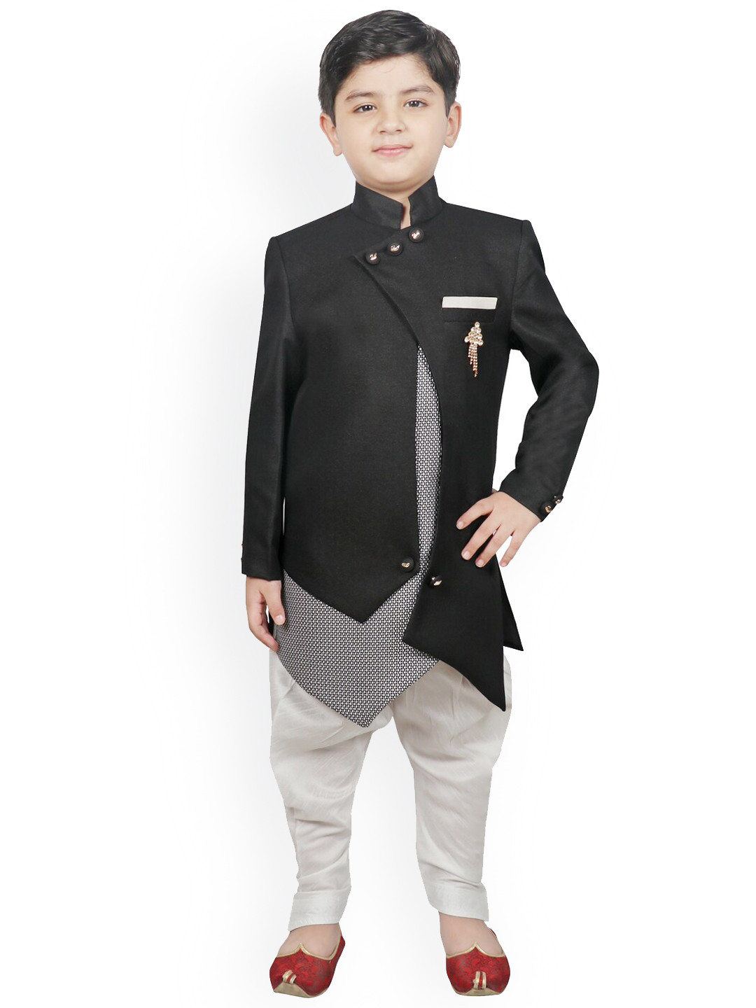 SG YUVRAJ Boys Black & White Solid Sherwani Set