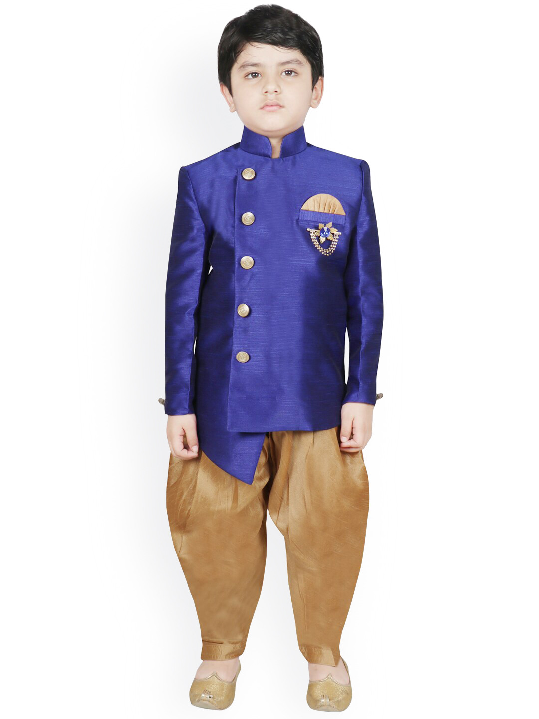 SG YUVRAJ Boys Blue & Gold-Coloured Solid Sherwani With Dhoti Pants