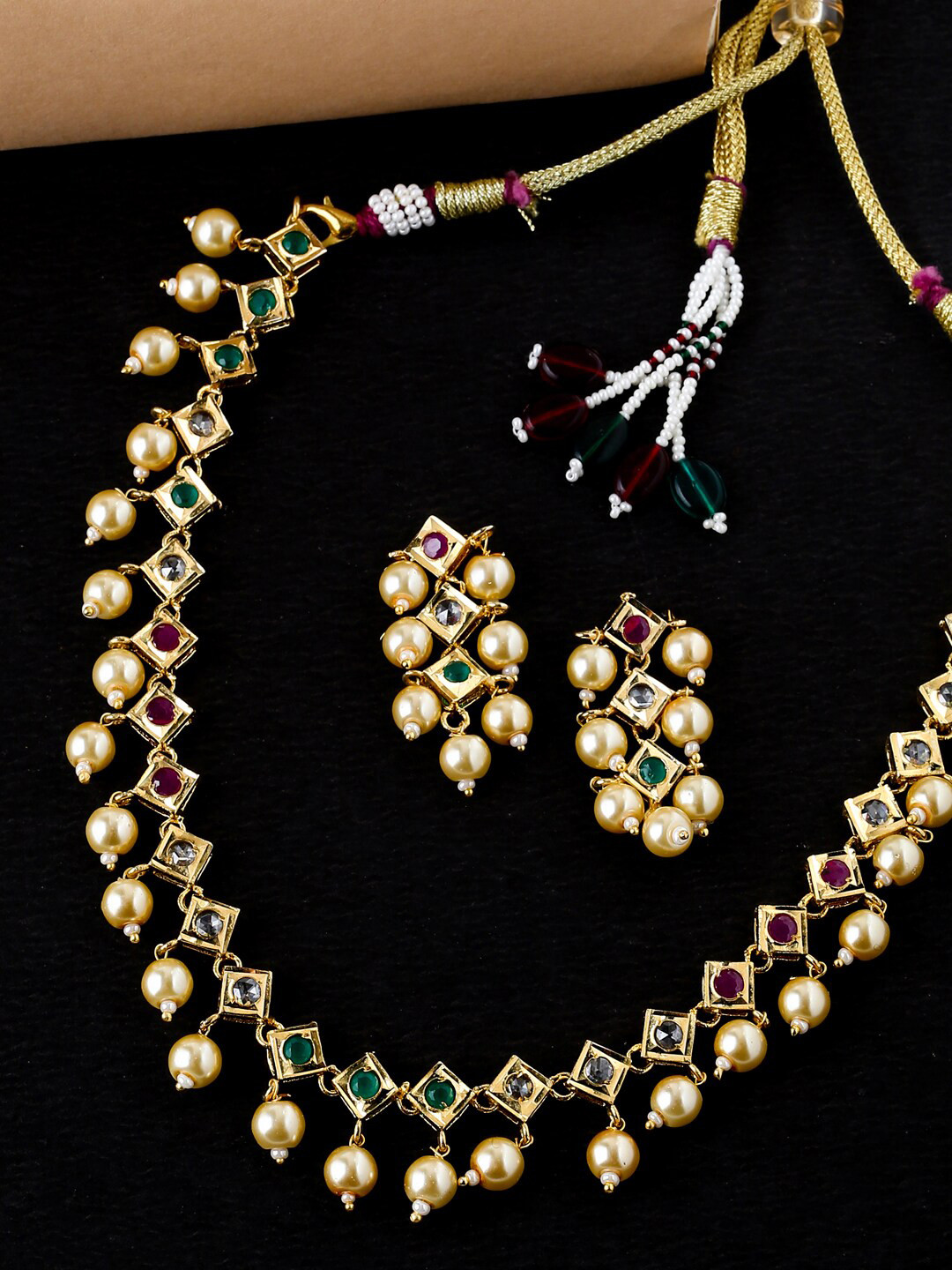THE AAB STUDIO Gold-Plated Green & White Stone-Studded & Beaded Handcrafted Jewellery Set