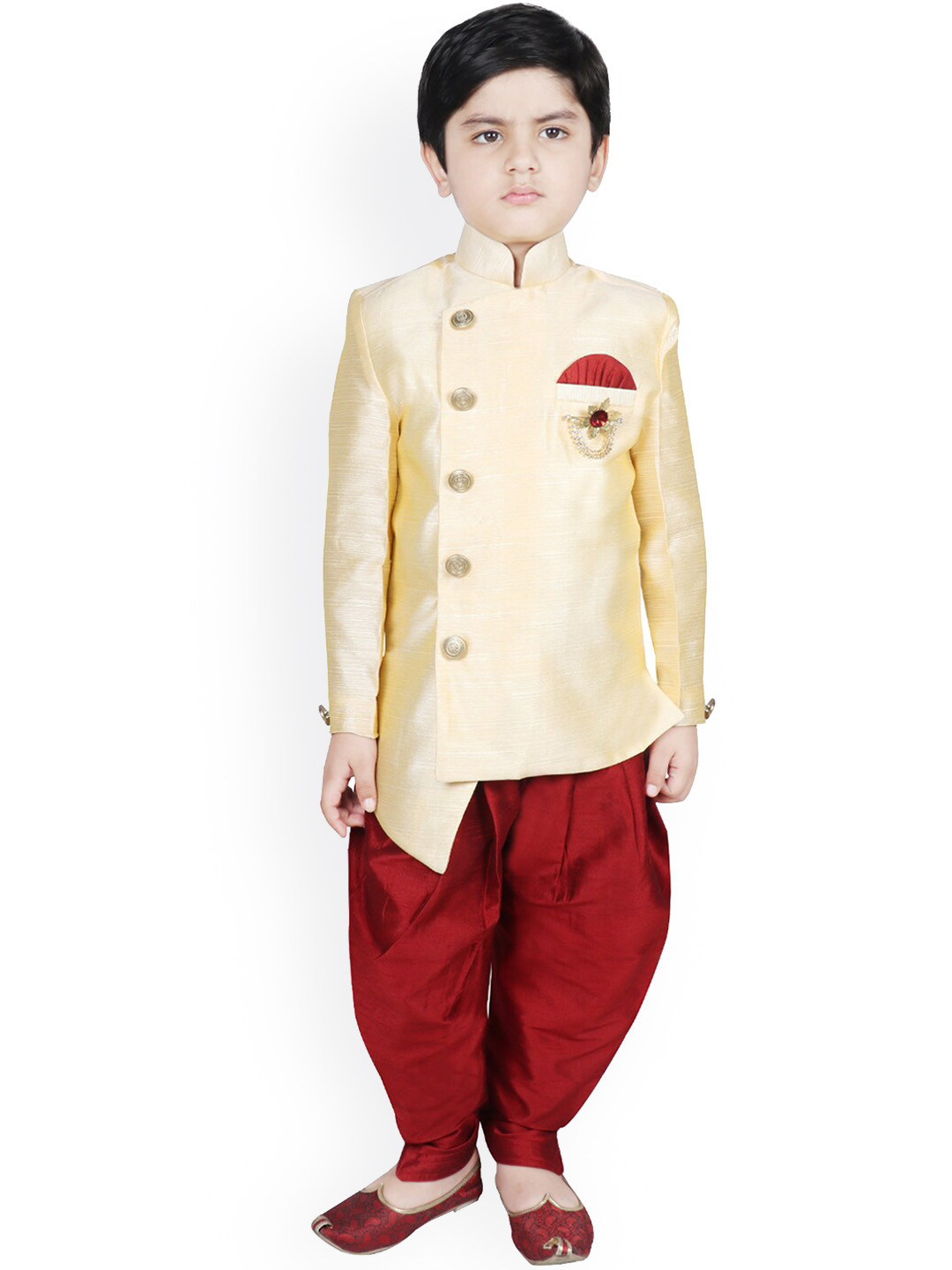 SG YUVRAJ Boys Beige & Maroon Solid Sherwani Set