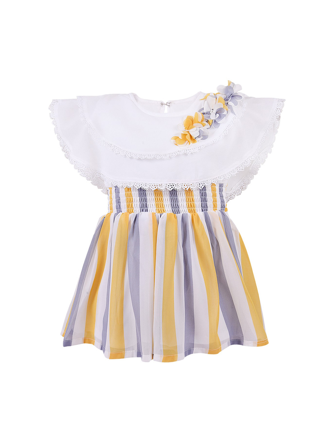 Wish Karo White & Yellow Striped Georgette Dress