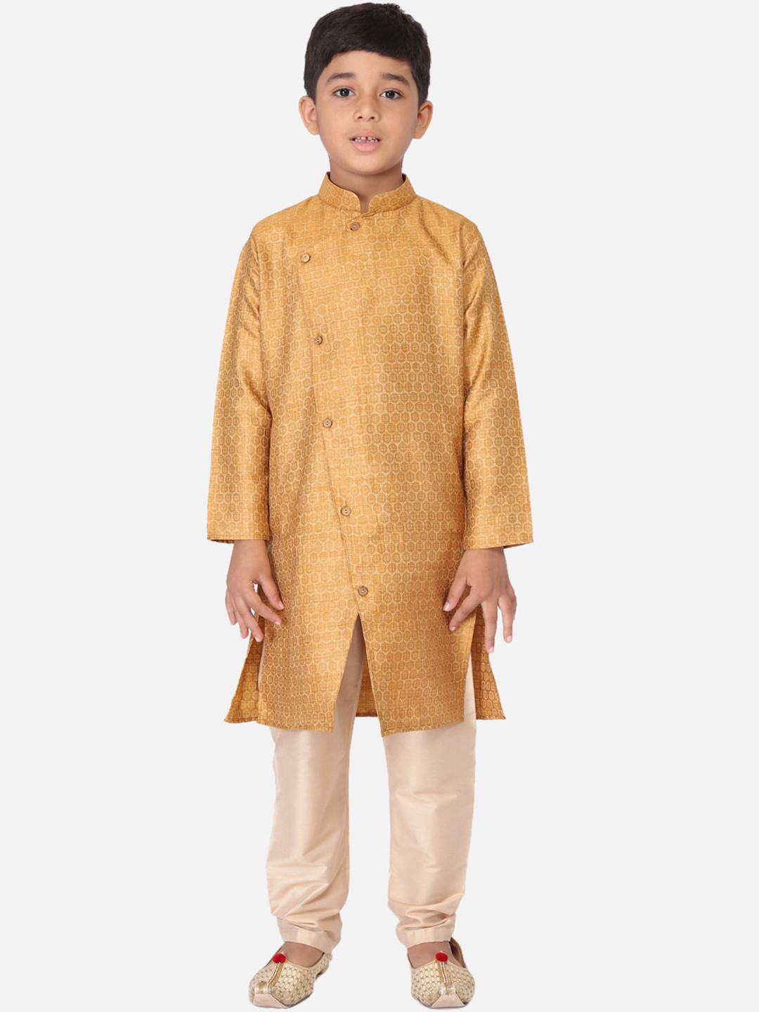 TABARD Boys Mustard Yellow & Beige Self Design Kurta with Churidar