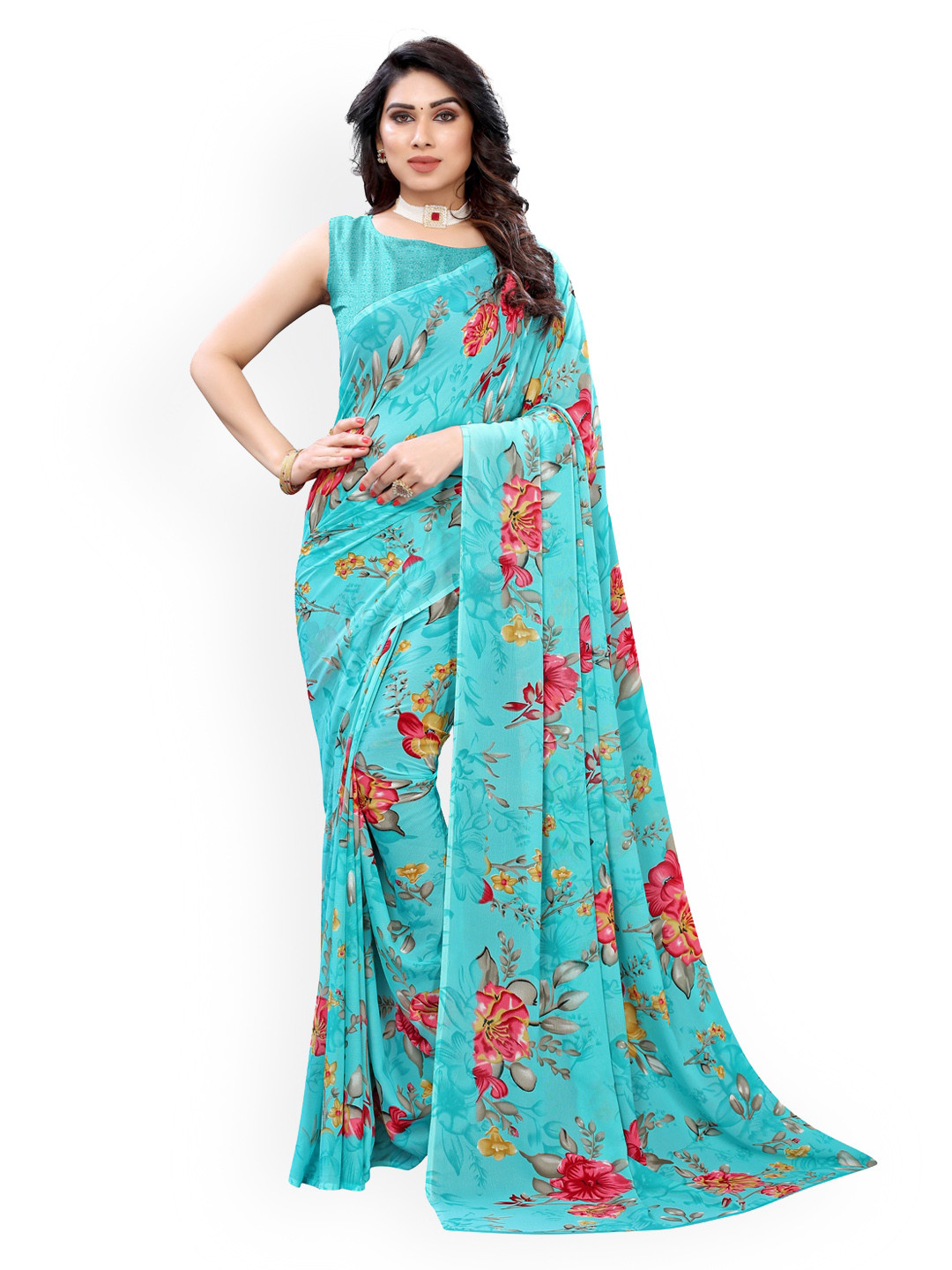 KALINI Blue & Pink Pure Georgette Printed Saree