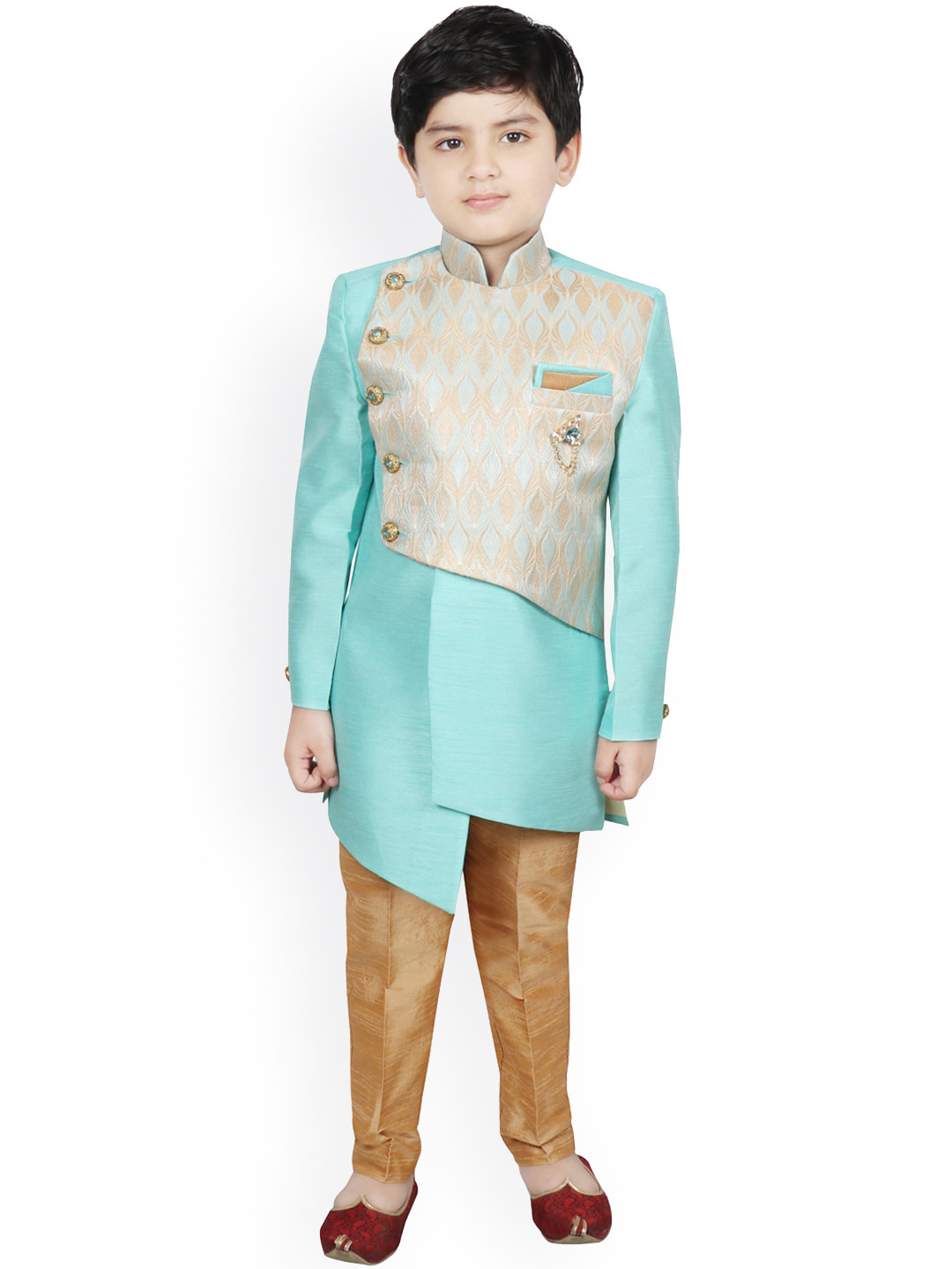 SG YUVRAJ Boys Blue & Tan Brown Woven-Design Sherwani Set