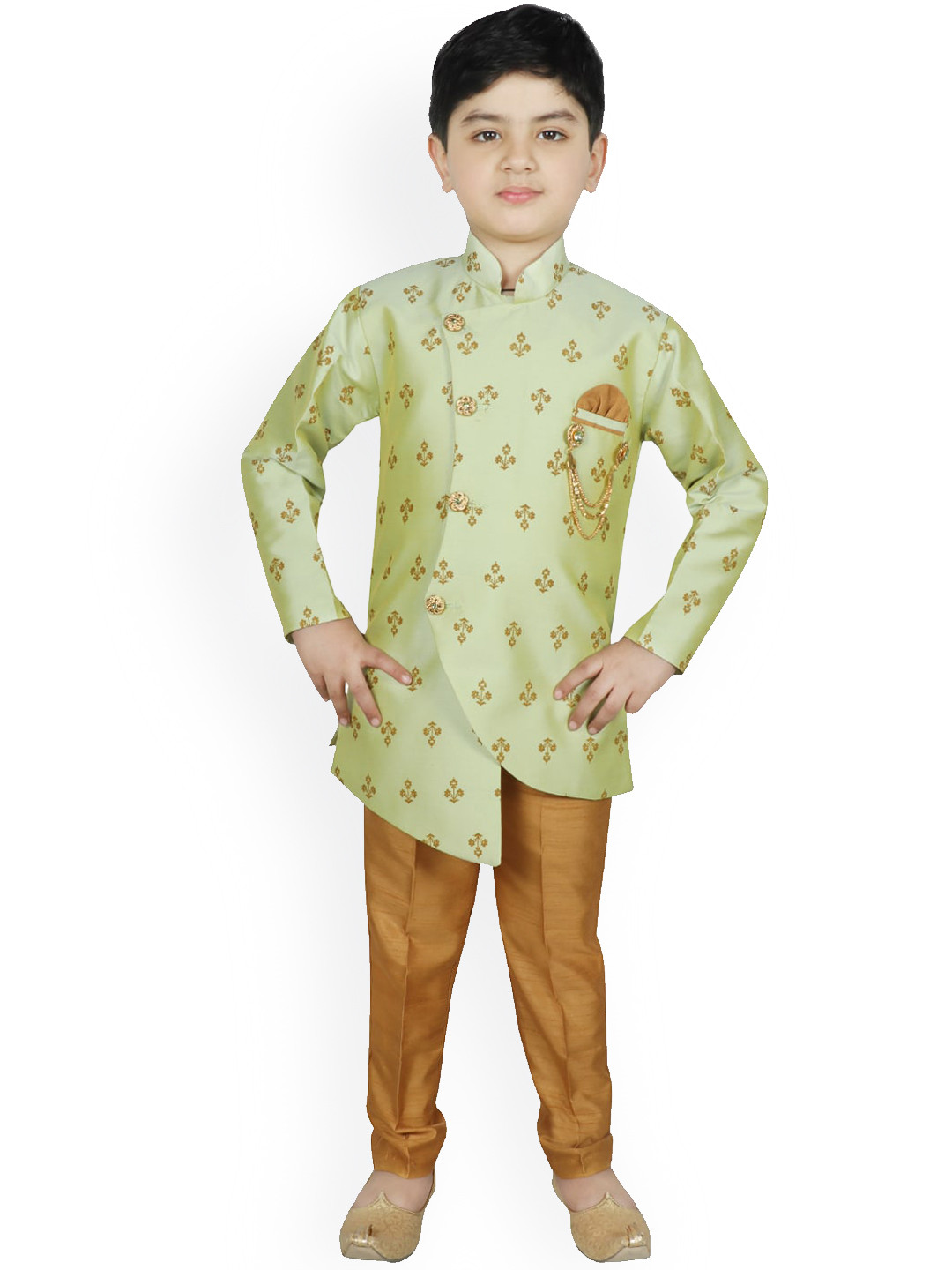 SG YUVRAJ Boys Green & Gold-Colored Printed Silk Brocade Sherwani Set