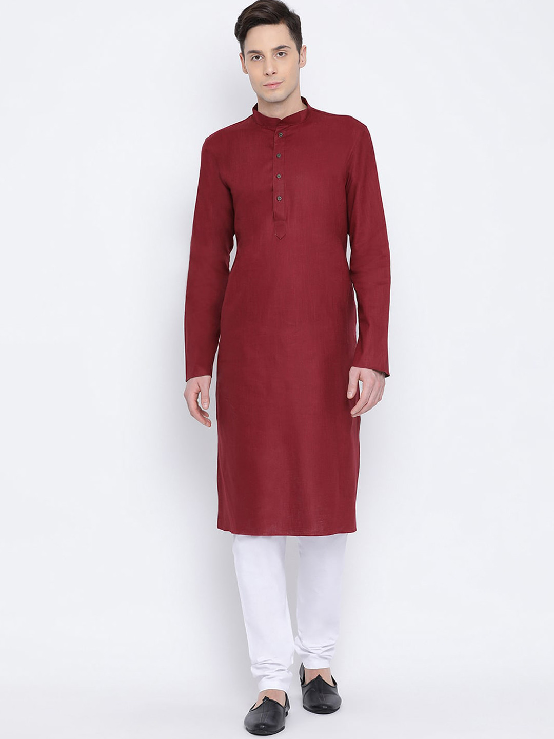 NAMASKAR Men Maroon Cotton Solid Kurta