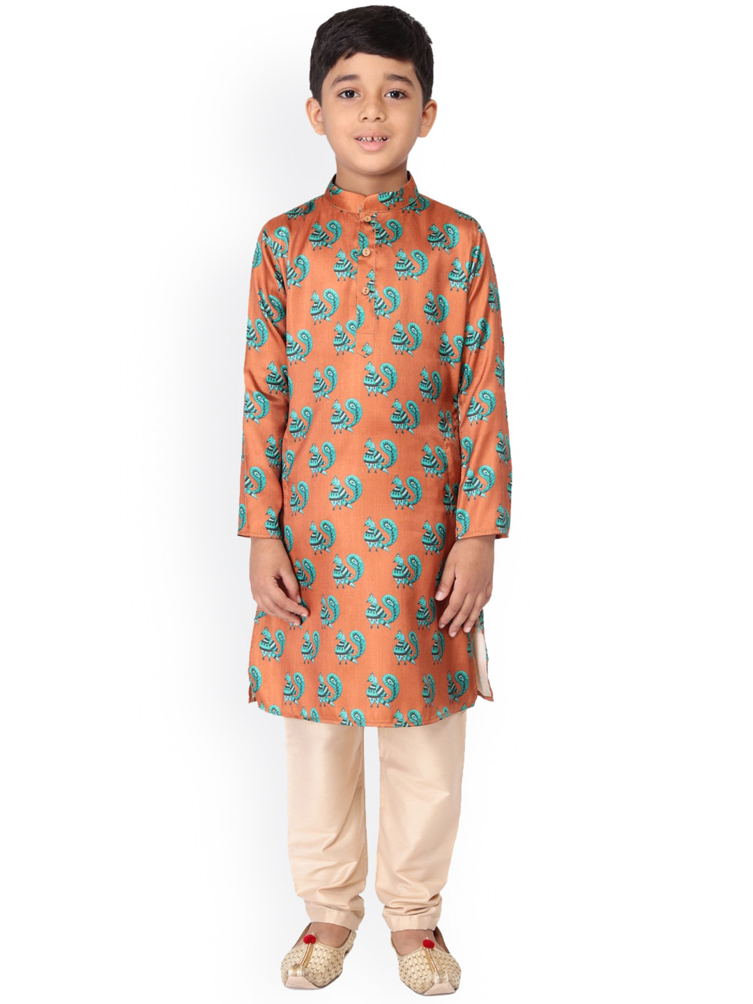 TABARD Boys Orange & Green Printed Kurta with Pyjamas