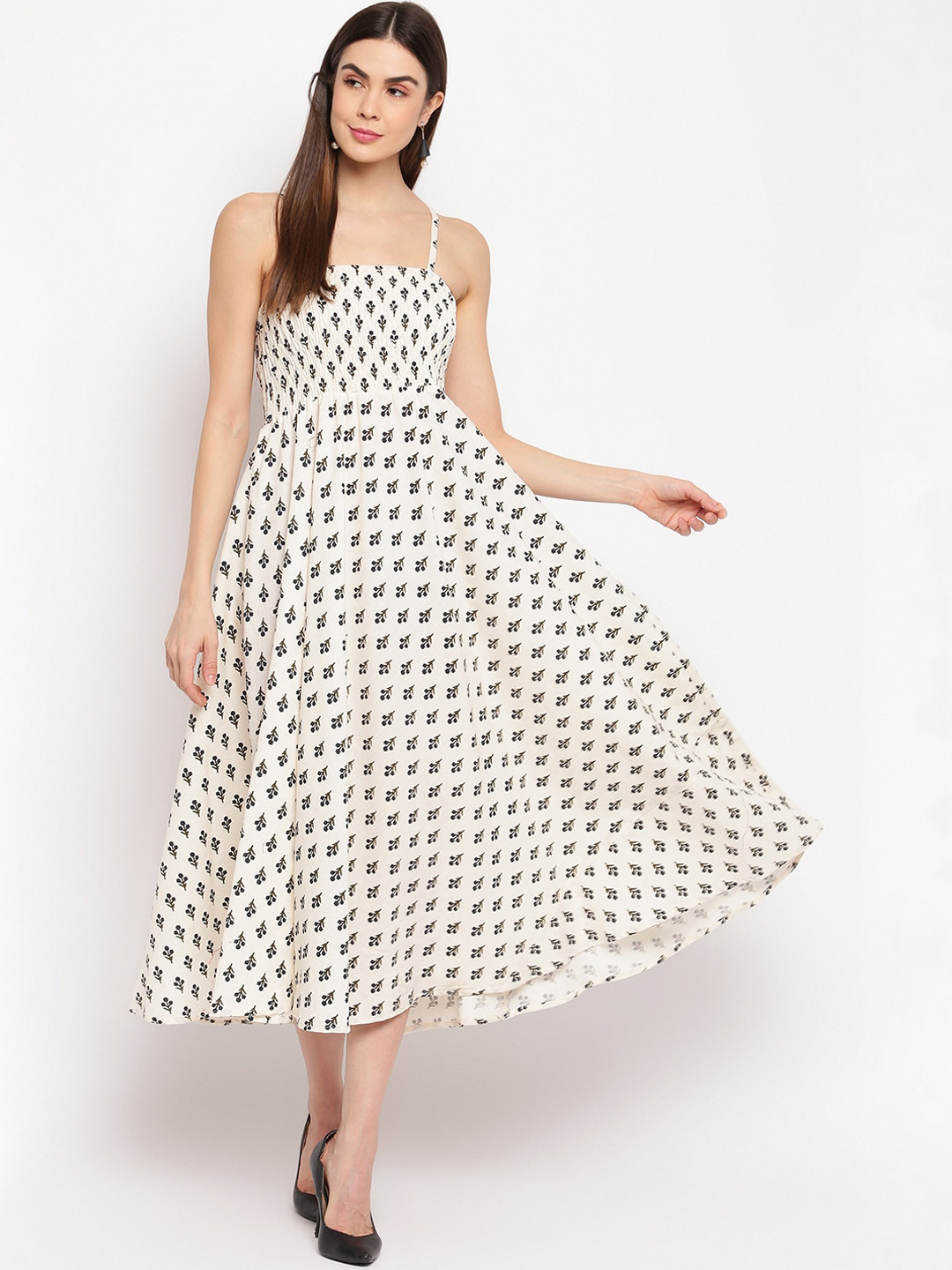 Aawari Women White & Black Printed Fit and Flare Dress