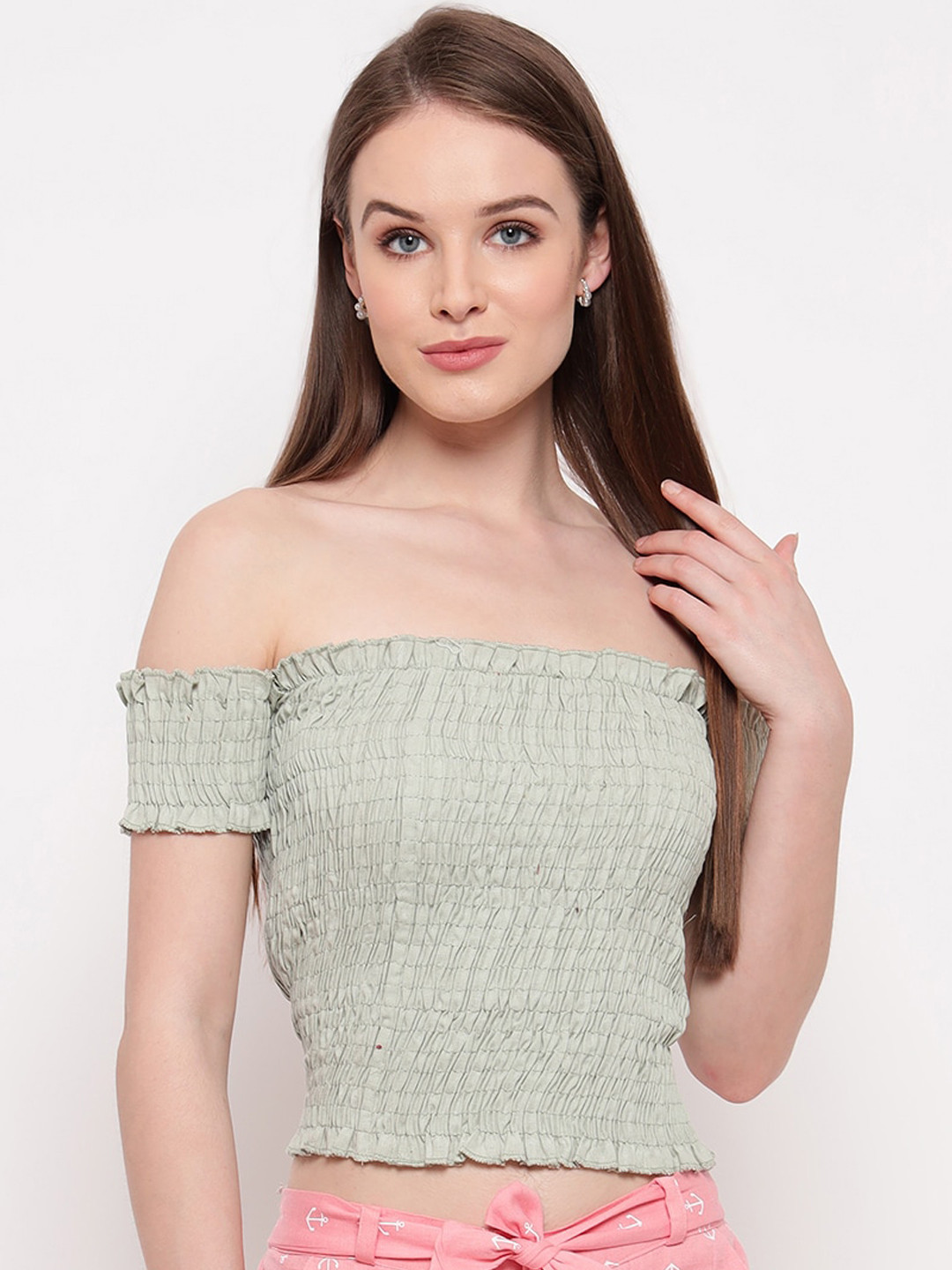 Aawari Women Green Off-Shoulder Bardot Crop Top
