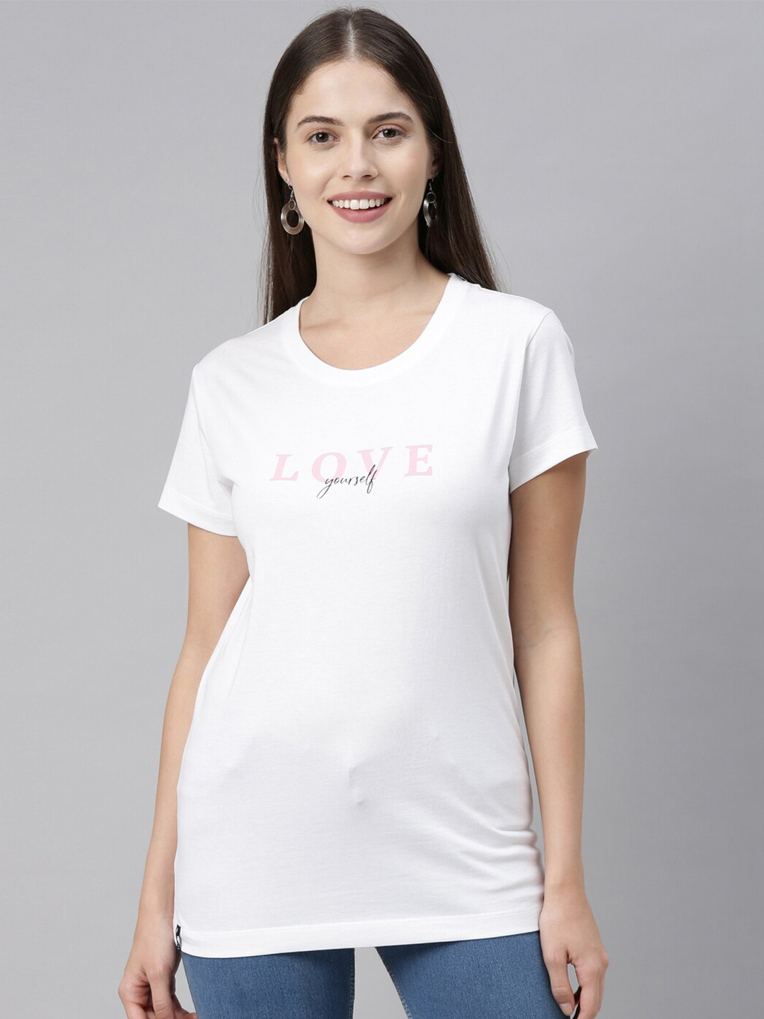 3PIN Women White Printed Round Neck T-shirt