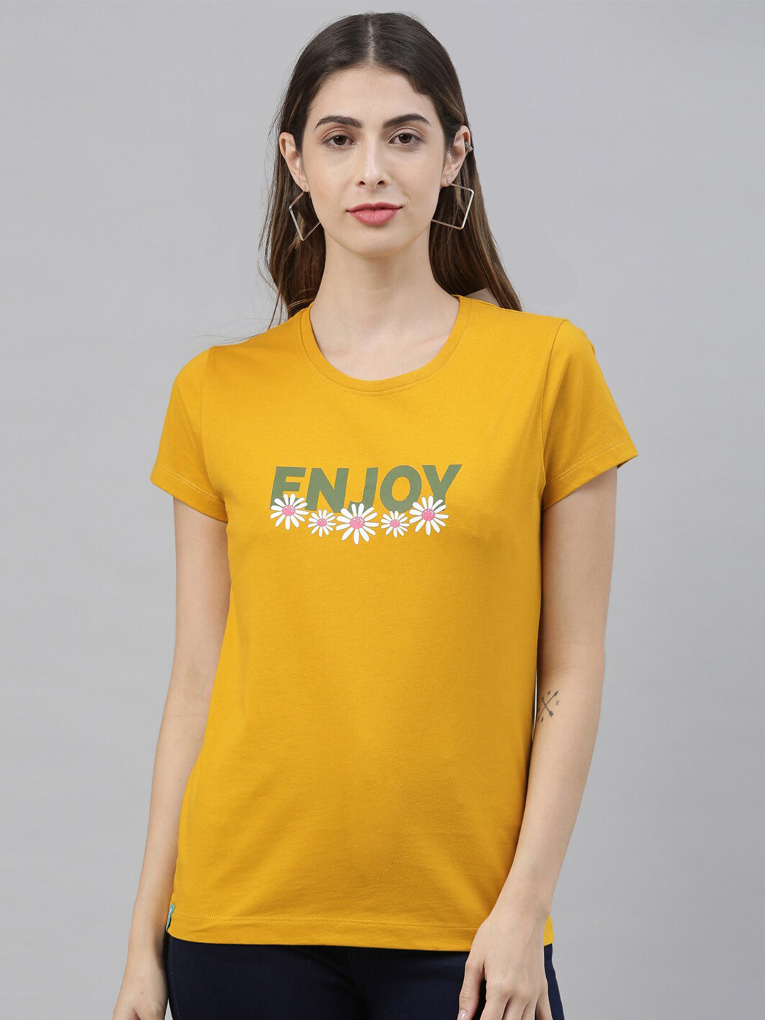 3PIN Women Mustard Yellow Printed Round Neck T-shirt