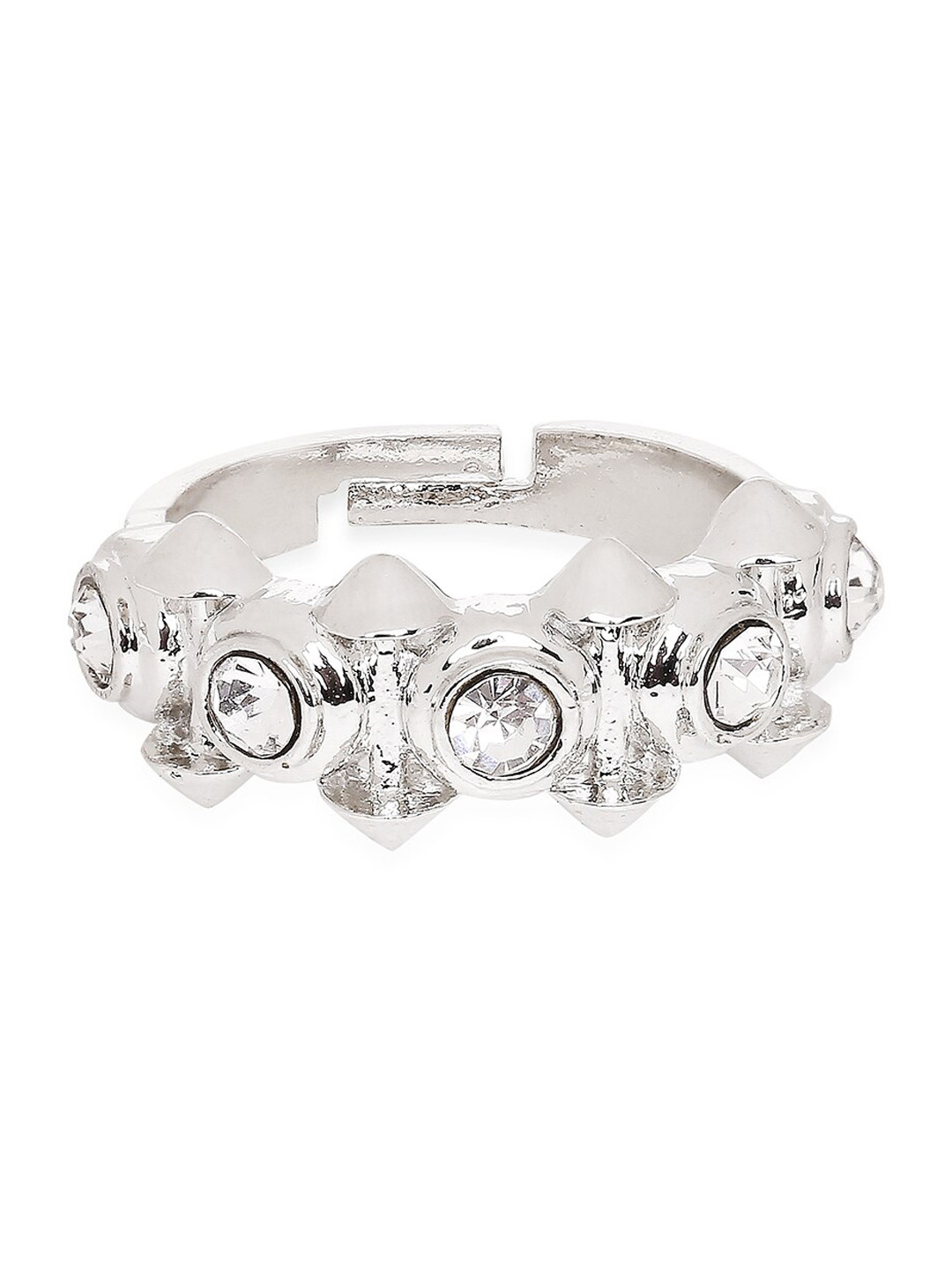 Mahi Women Rhodium-Plated White Stone-Studded Dual Side Spikes Adjustable Finger Ring