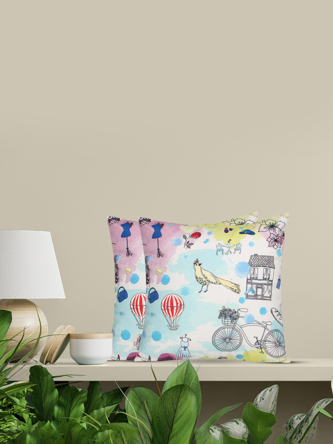 Sivya Conversational Polycotton Washable 2 Pcs Embroidered Square Cushion Covers -16x16In