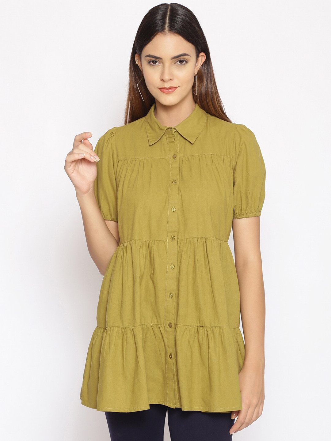 Oxolloxo Women Green Solid Solid Tunic