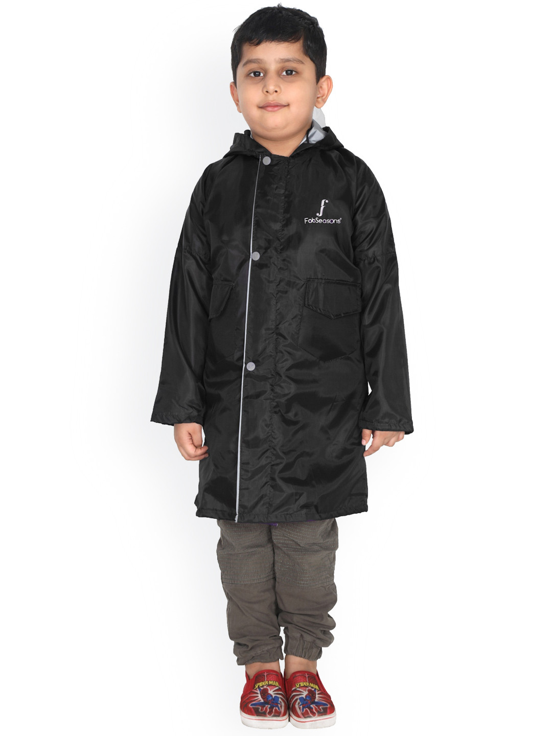 FabSeasons Unisex Kids Black Solid Waterproof Long Rain Jacket