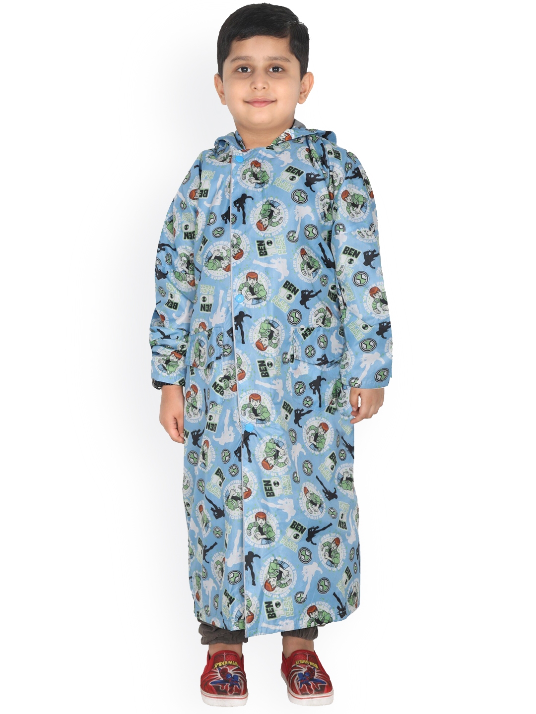 FabSeasons Kids Blue Green Ben10 Printed Waterproof Longline Rain Jacket